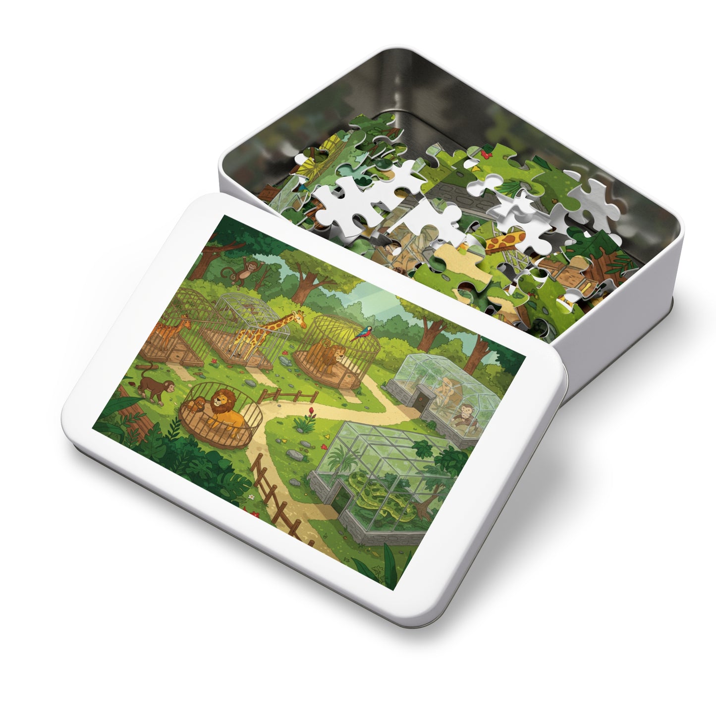 30, 110, 252 pcs Whimsical Zoo Jigsaw Puzzle, Cartoon Zoo Jigsaw Puzzle, Giraffes, Lions, Monkeys, and Parrots, Animated Animal Park Jigsaw, Lively Zoo Puzzle, Family Friendly Zoo Jigsaw Puzzle