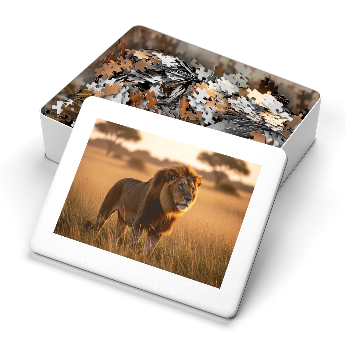Lion in Golden Savanna Jigsaw Puzzle (with Tin)