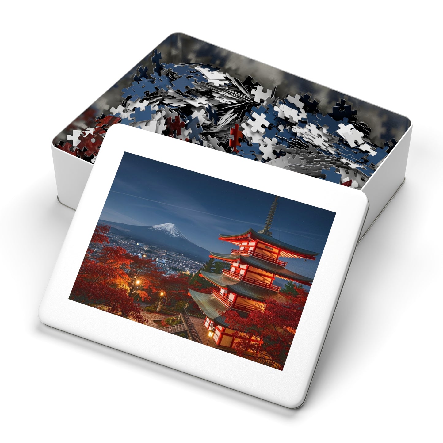 Mount Fuji Night Pagoda Jigsaw Puzzle ππ» Autumn Temple View, Japan City Lights & Crimson Maples