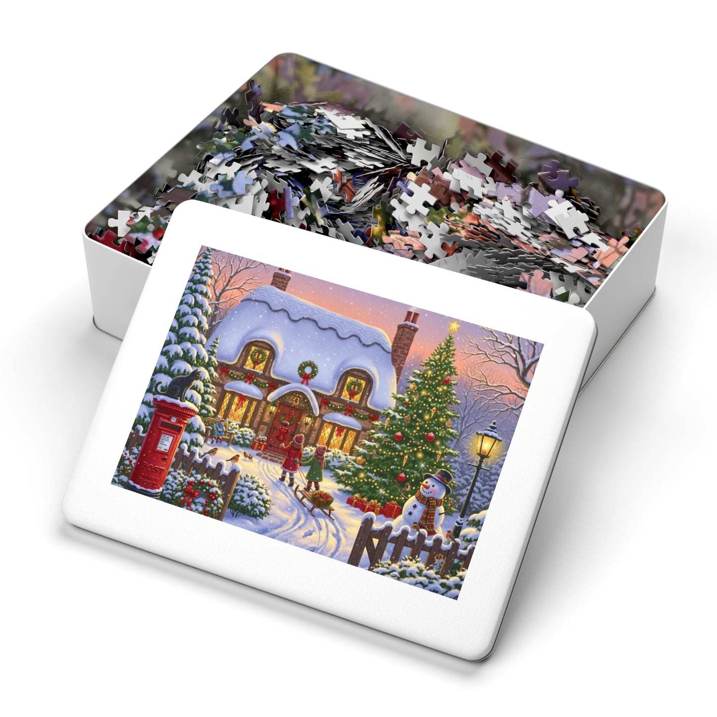 Christmas Cottage Jigsaw Puzzle with Tree Snowman and Sled