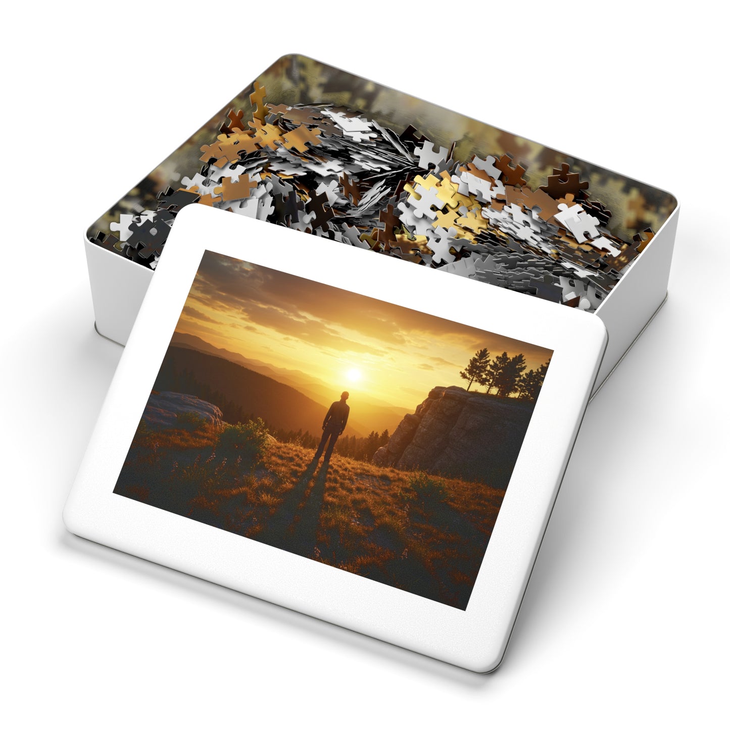 252, 500, 1000, 2000 Jigsaw Puzzle| Golden Hour Reflection | Sunset Overlook | Solitary Figure in Nature | Mountain Ridge Glow Jigsaw Puzzle | Scenic Jigsaw Puzzle with Vintage Tin