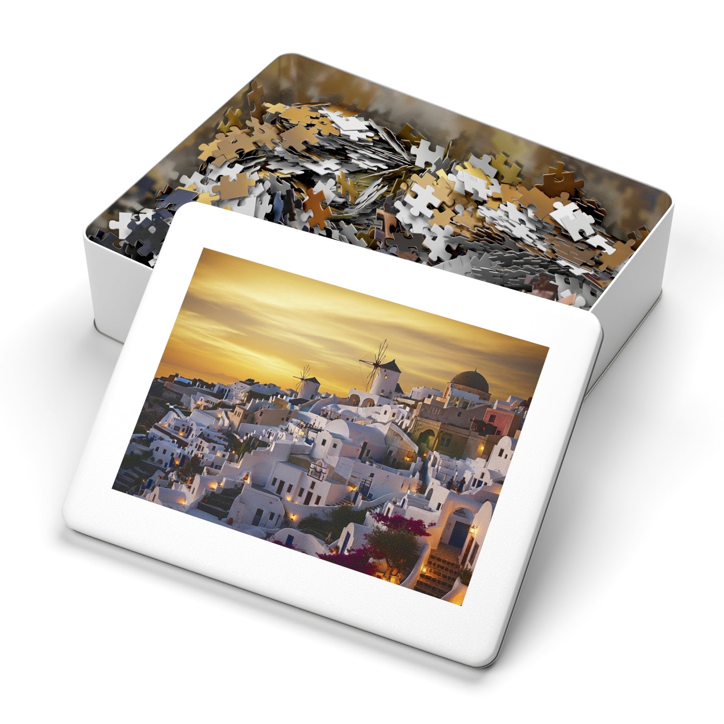 Santorini Sunset Village Jigsaw Puzzle 🌅 Whitewashed Homes, Windmills & Golden Aegean Evening