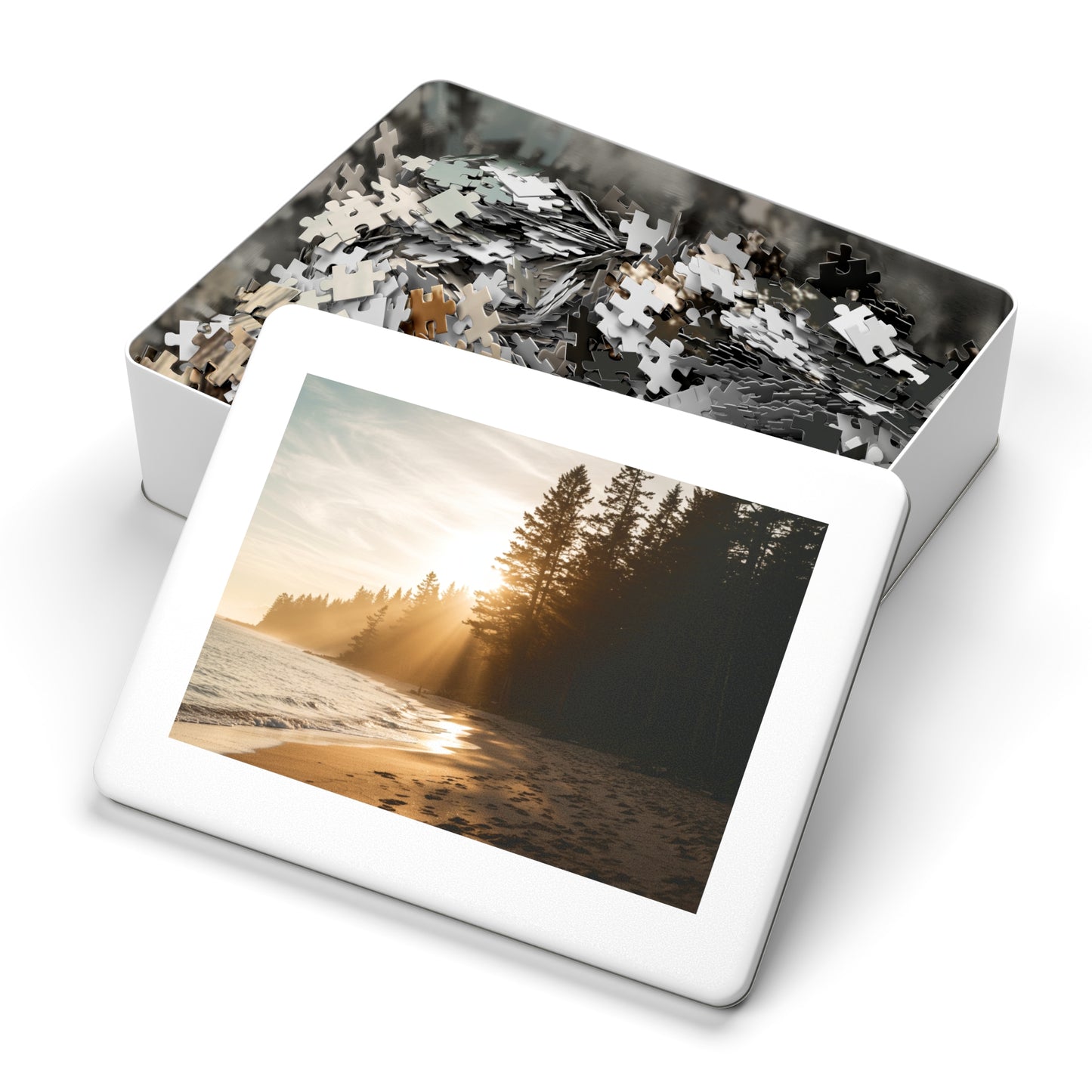 Forest Beach Sunset Jigsaw Puzzle (252–2000 pcs), Warm Sunset, Trees & Sand Path, Forest Coastline and Sunbeams, Premium Tin Gift, Footprints in Sand