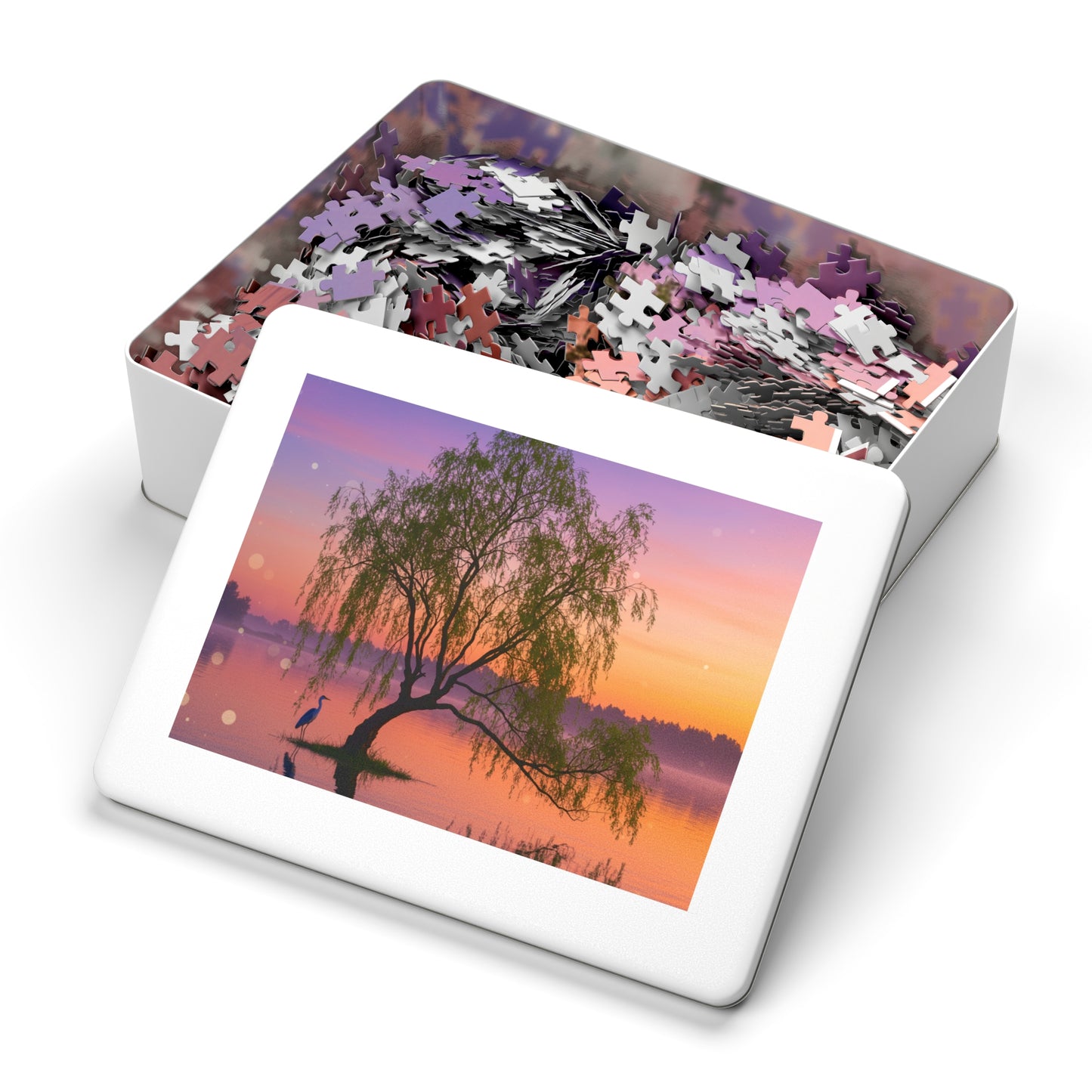 Willow Tree & Heron Jigsaw Puzzle (110, 252, 500, 1000, 2000 pcs) – Sunset Lake Scene in Gift Tin