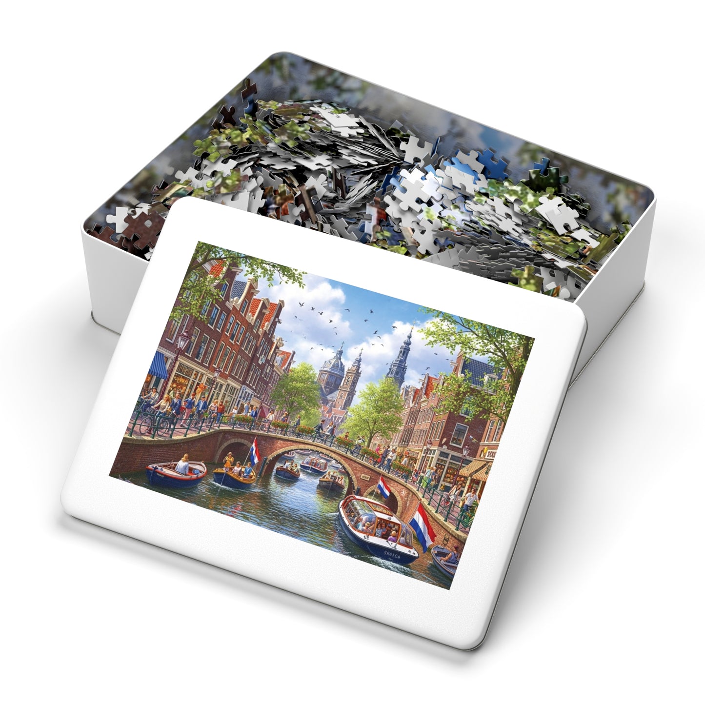 European Canal City Jigsaw Puzzle Scenic Bridge and Boat Scene