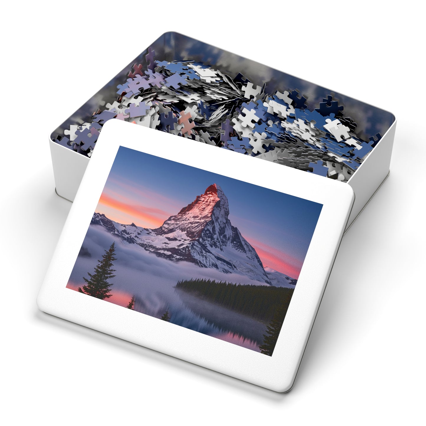 110, 252, 500, 1000, 2000, Snowy Mountain Peak Jigsaw Puzzle – Alpine Majesty & Mirror Lake Sunset Scene, Scenic Nature Puzzle in Gift Tin (252–2000 Pieces)
