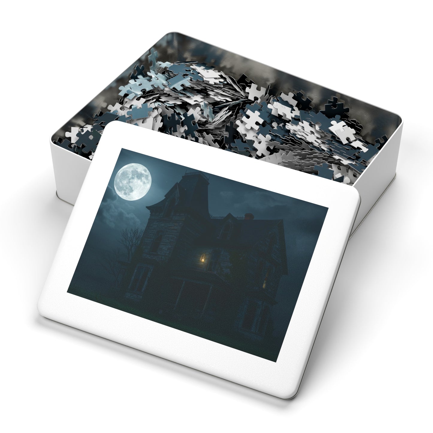110, 252, 500, 2000 Haunted House Jigsaw Puzzle with Tin, Haunted House Under Full Moon – Spooky Puzzle for Halloween Nights, Ghostly Manor Puzzle, Abandoned House in Moonlight, The Forgotten Estate