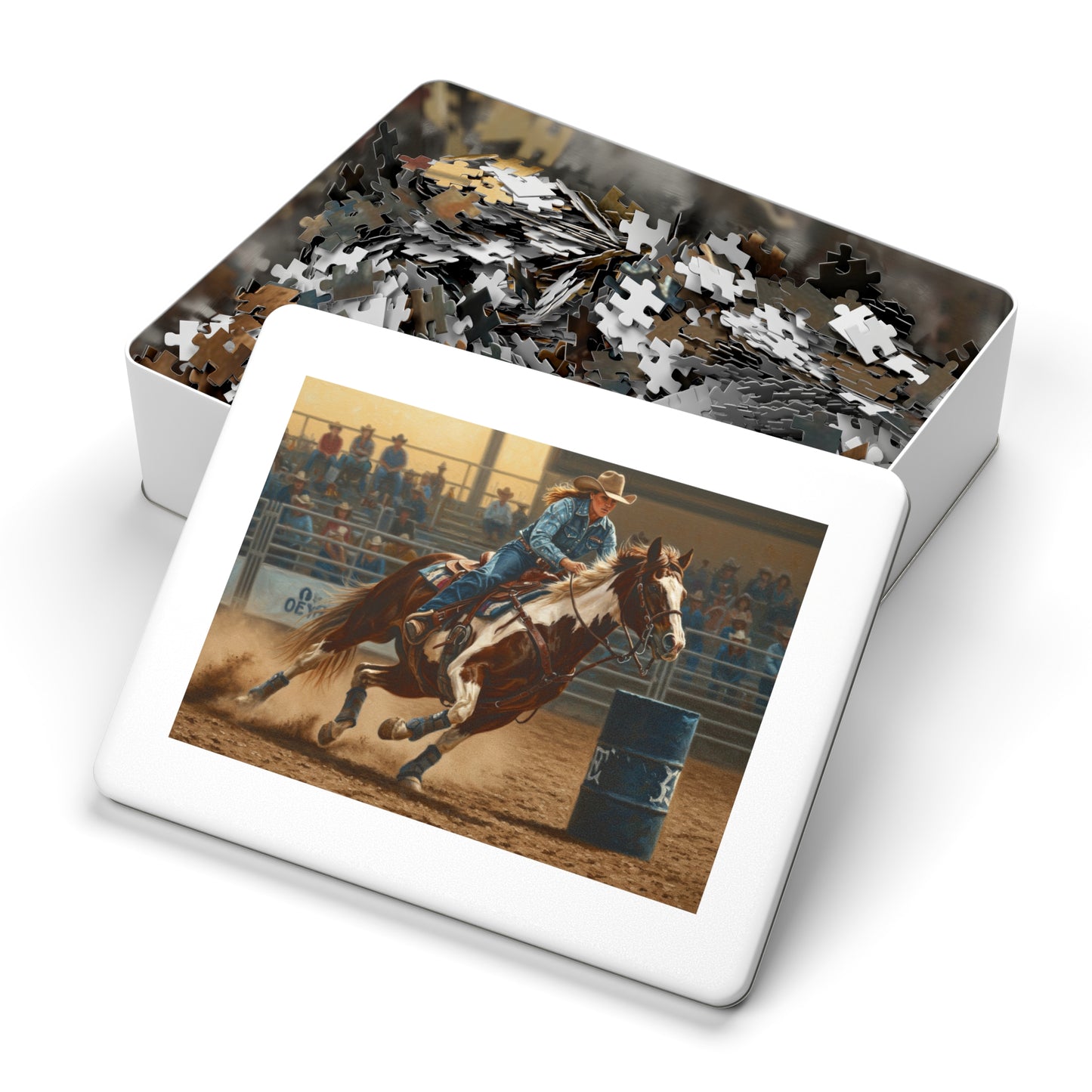2000 Cowgirl Barrel Racing, Sunset, Rodeo Action Wall Art Jigsaw Puzzle with Tin, Western Decor, Barrel Racing Scene, Horse and Rider Western Decor