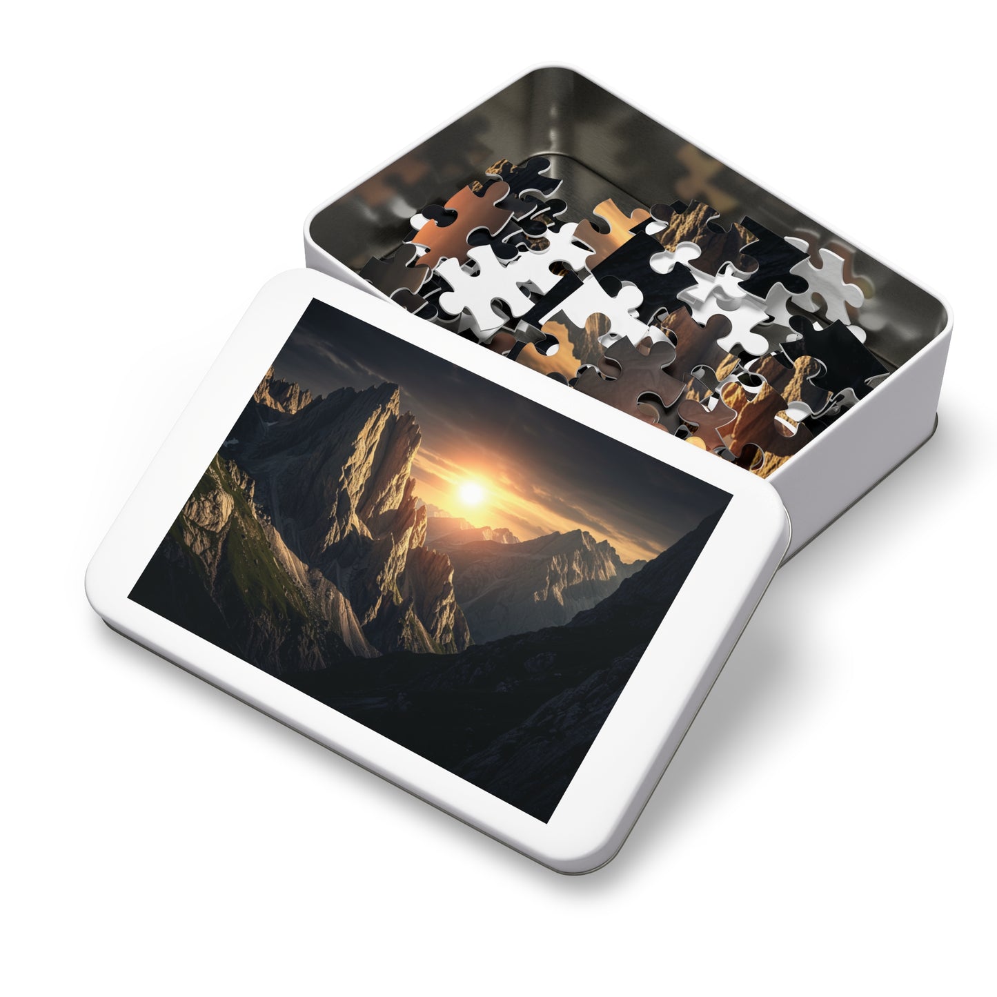 110, 252, 500, 1000, 2000 Golden Mountain Sunrise Jigsaw Puzzle – Dramatic Peaks, Sunset Glow, Nature-Inspired Gift in Collector’s Tin