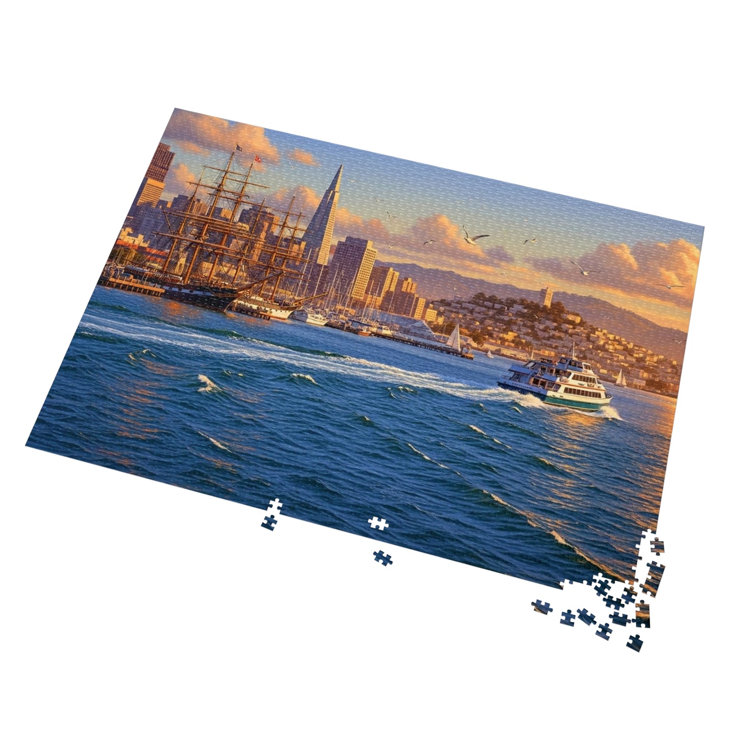 Coastal City at Sunset Jigsaw Puzzle | Nautical Waterfront Art