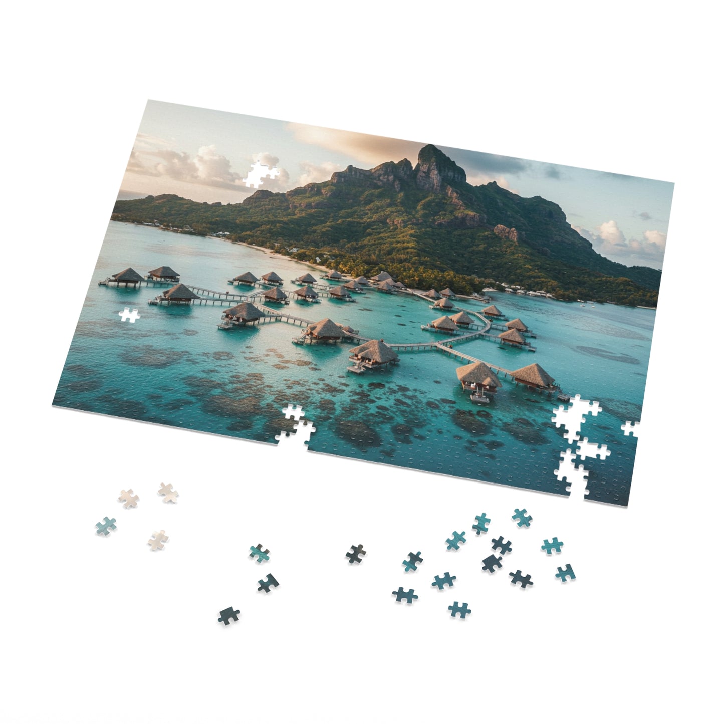 110, 252, 500, 1000, 2000 pcs Tropical Island Jigsaw Puzzle, Scenic Paradise Puzzle, Exotic Vacation Puzzle, Breathtaking Tropical Bay with Overwater Retreats