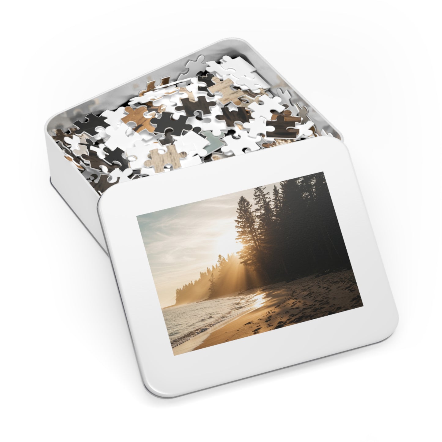 Forest Beach Sunset Jigsaw Puzzle (252–2000 pcs),  Warm Sunset, Trees & Sand Path, Forest Coastline and Sunbeams, Premium Tin Gift,  Footprints in Sand