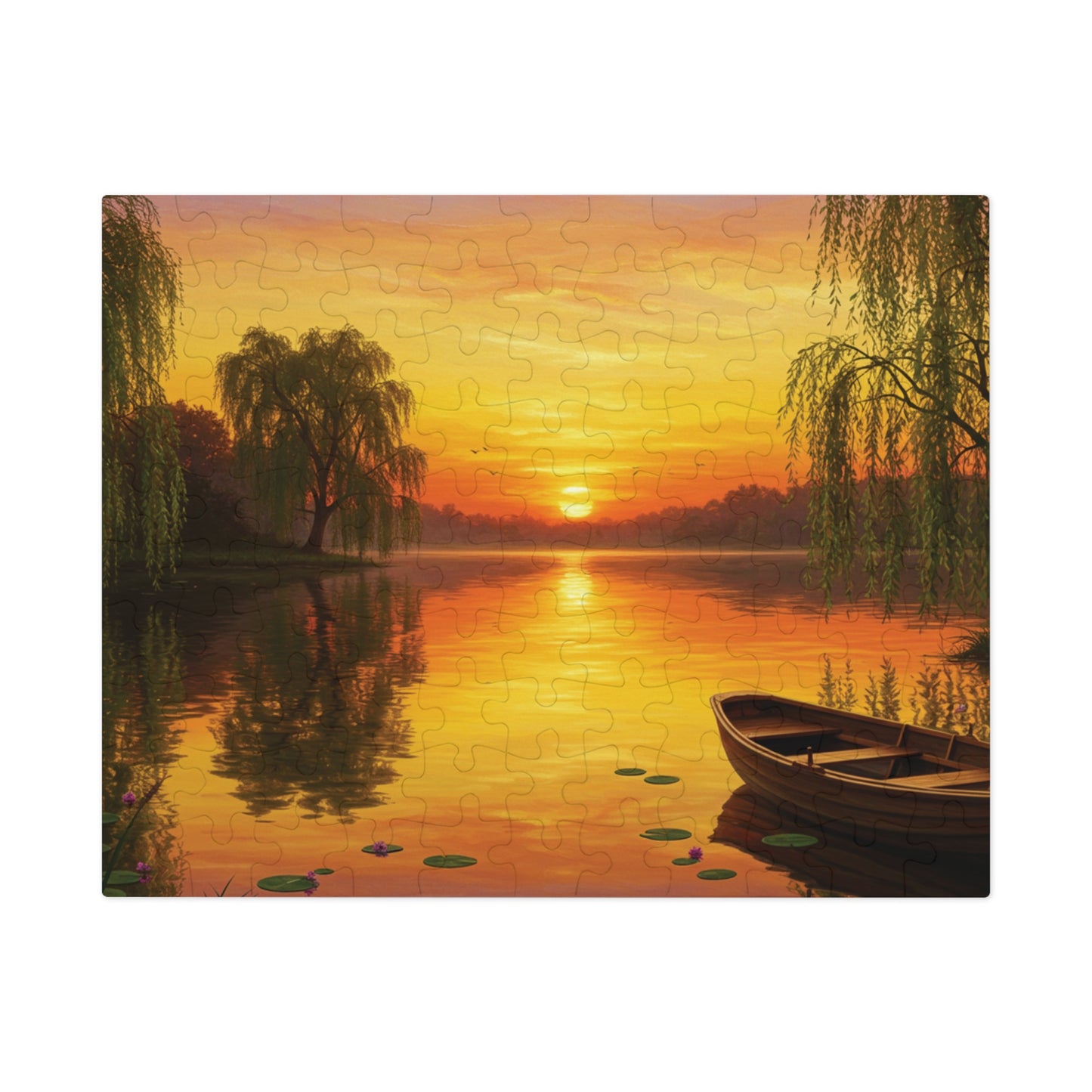 110, 252, 500, 1000, 2000 Golden Sunset Rowboat Puzzle, Sunset Over Still Waters, Boat at Dusk Puzzle, Tranquil Willow Tree Sunset, Golden Hour Reflection Puzzle, Sunset Reflection on Lake Puzzle, Rowboat on Calm Waters Puzzle