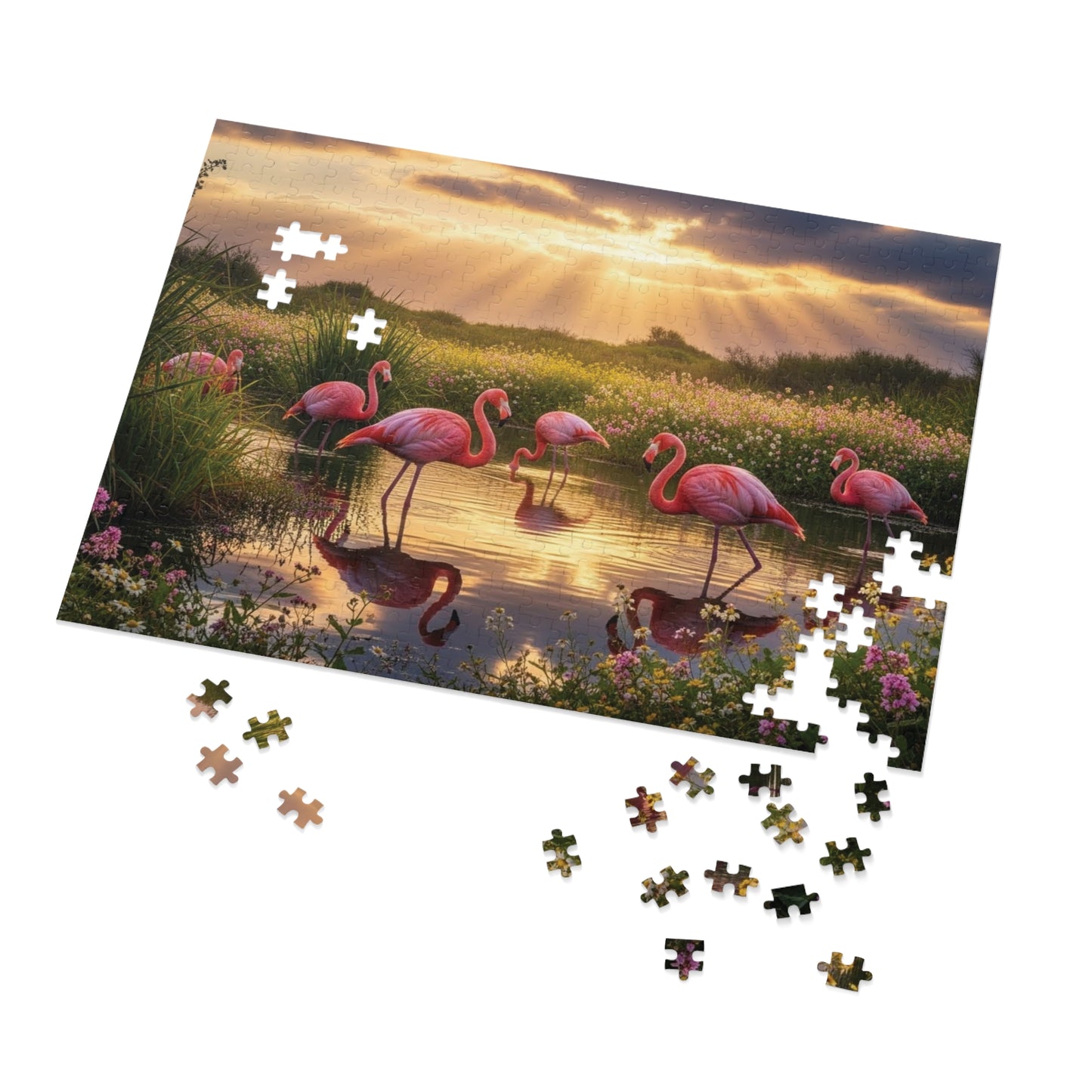 Flamingo Sunset Paradise Jigsaw Puzzle | Serene Nature Wildlife Scene at Golden Hour