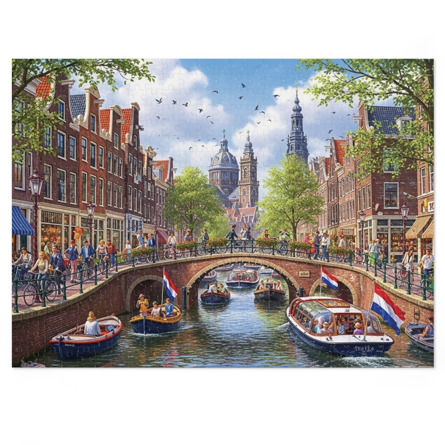 European Canal City Jigsaw Puzzle Scenic Bridge and Boat Scene