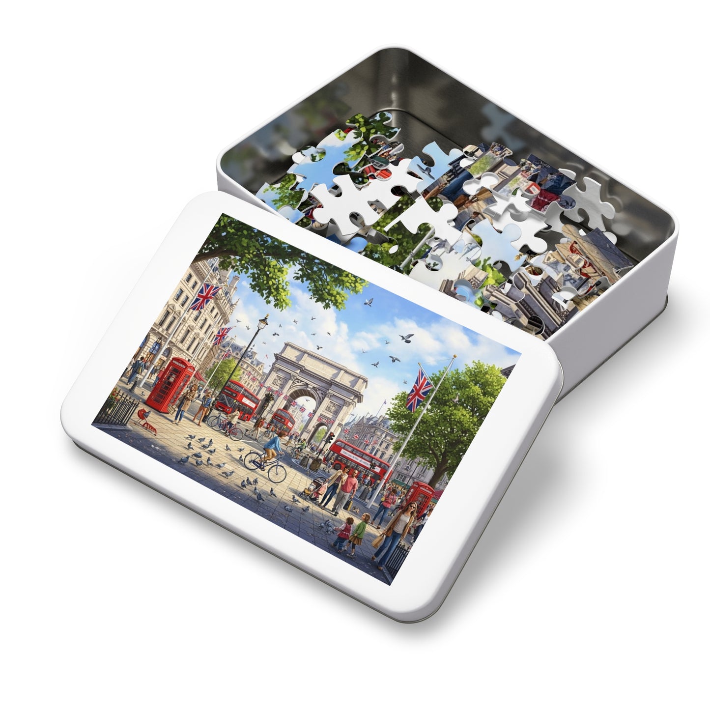 Historic London Arch Jigsaw Puzzle with Red Buses Cyclists and Crowds