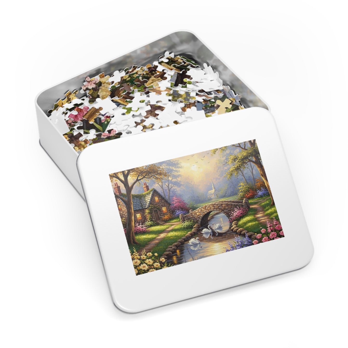 Spring Swan Bridge Cottage Puzzle | Flower Garden, Stone Bridge, Peaceful Countryside Scene