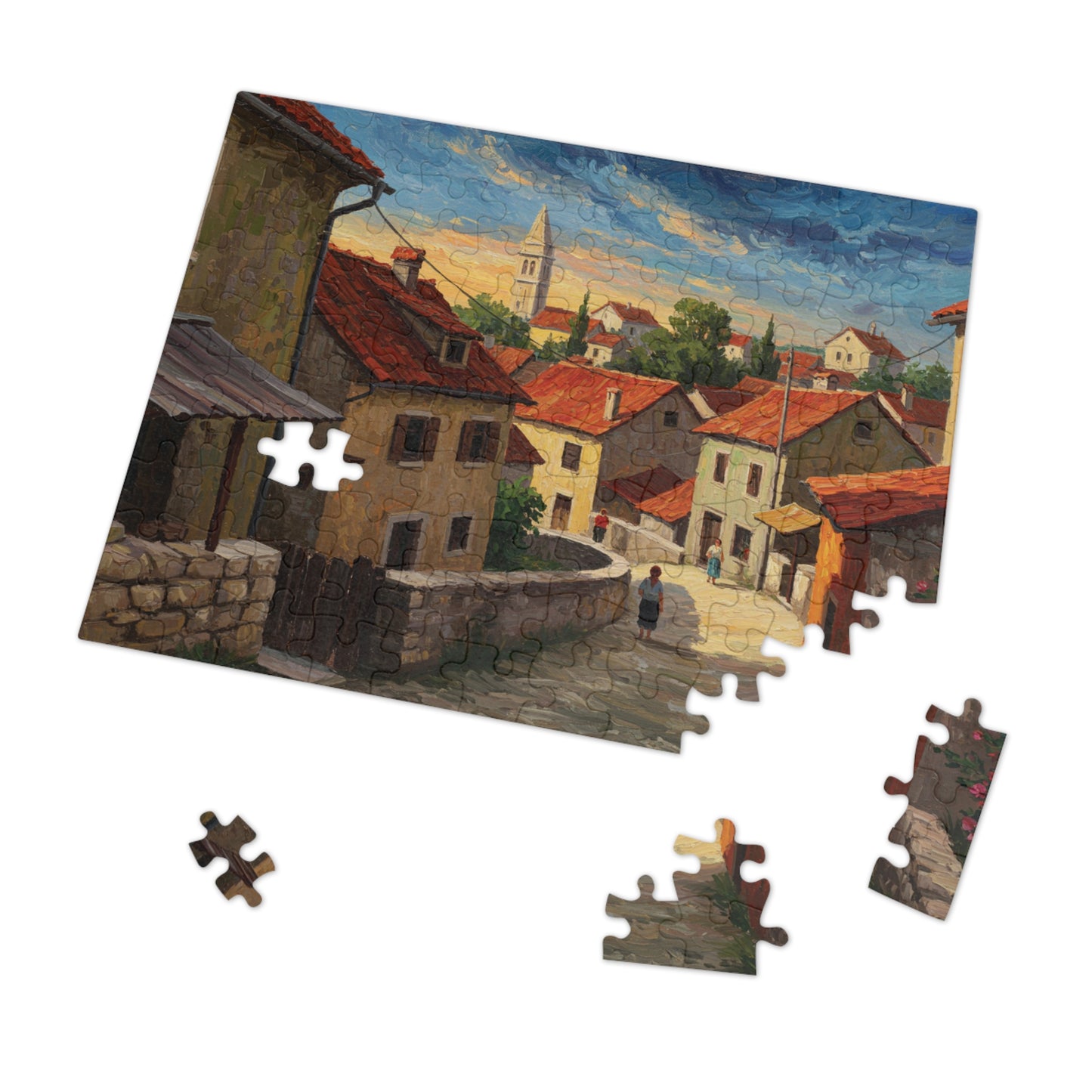 110, 252, 500, 1000, 2000 Mediterranean Village Jigsaw Puzzle Jigsaw Puzzle, Rustic European Village, Old World Architecture and Warm Colors