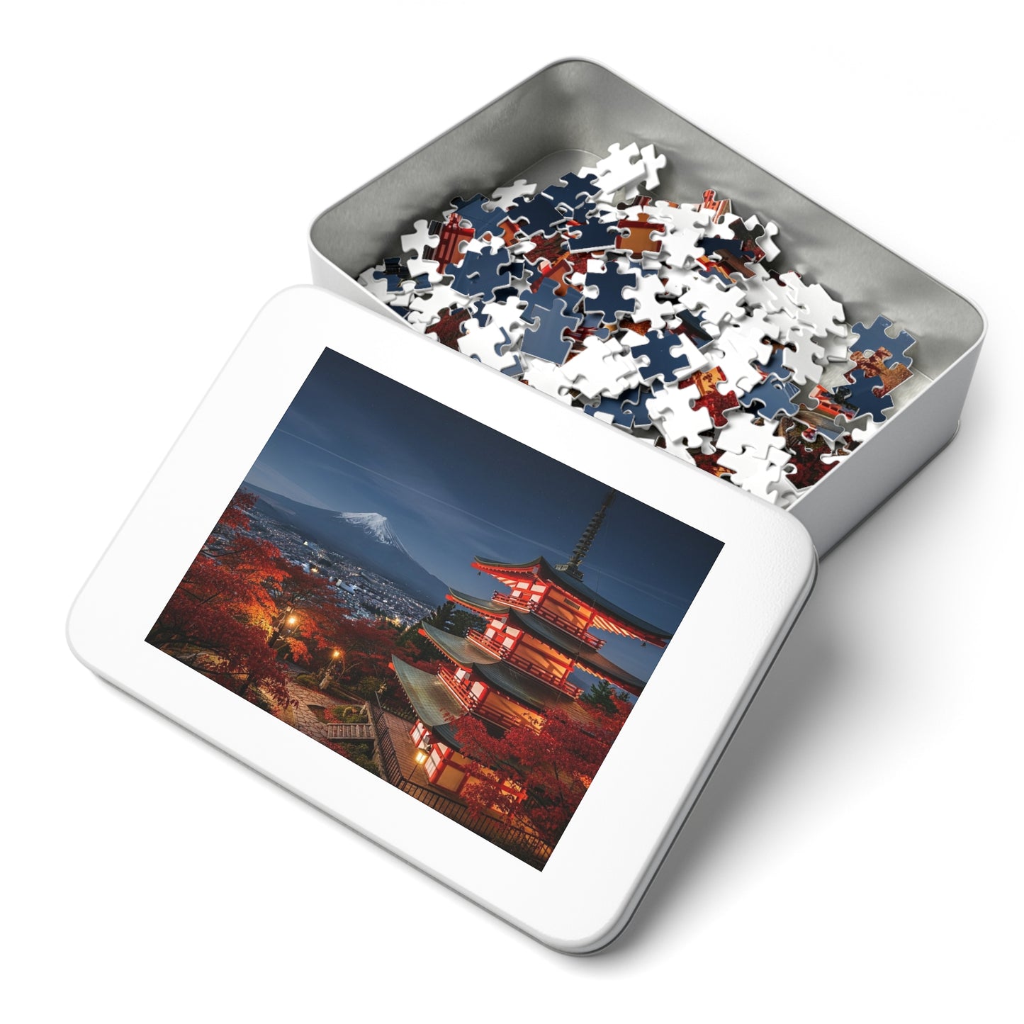 Mount Fuji Night Pagoda Jigsaw Puzzle 🌙🗻 Autumn Temple View, Japan City Lights & Crimson Maples