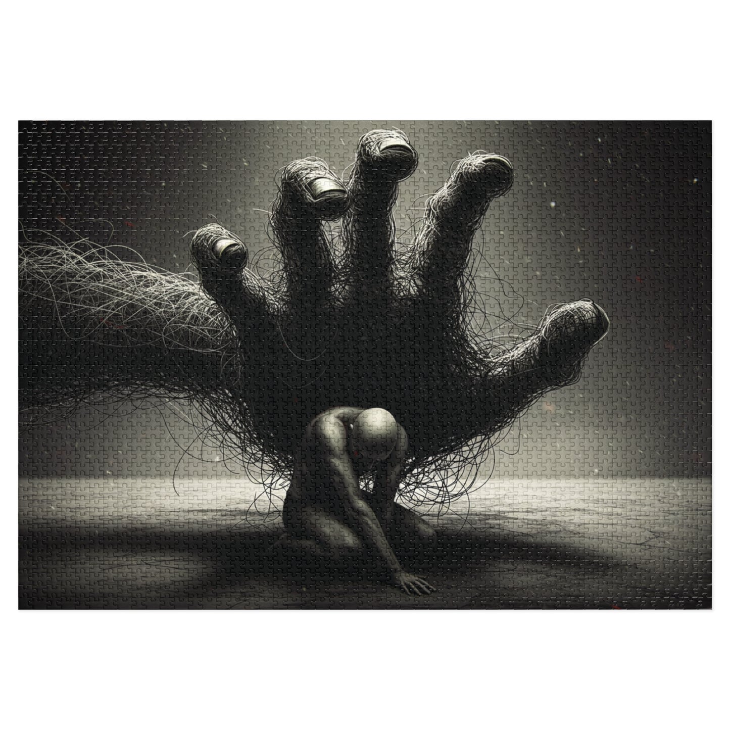 110, 252, 500, 1000, 2000 Dark Abstract Wire Hand Jigsaw Puzzle, Tangled Hand and Kneeling Figure, Oppression and Chaos Puzzle