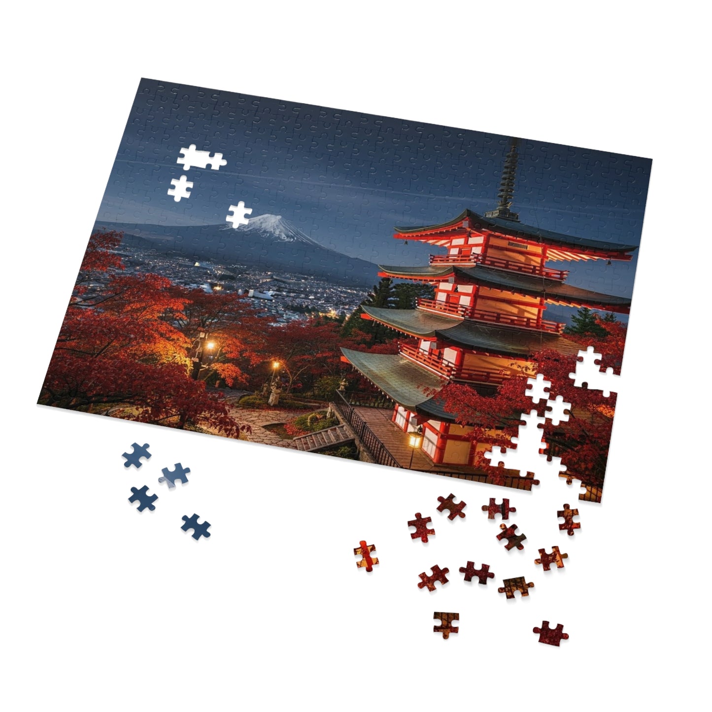Mount Fuji Night Pagoda Jigsaw Puzzle 🌙🗻 Autumn Temple View, Japan City Lights & Crimson Maples