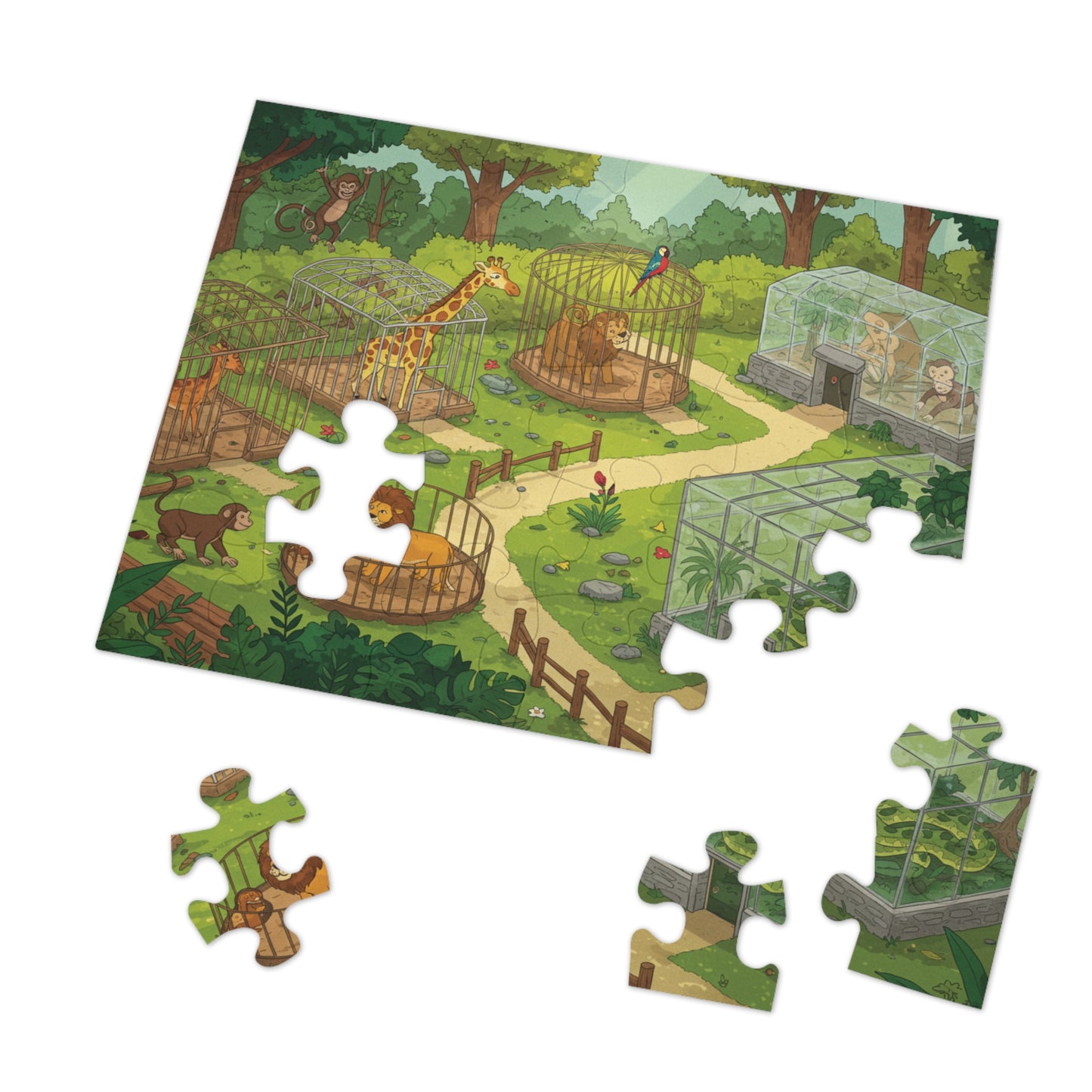 30, 110, 252 pcs Whimsical Zoo Jigsaw Puzzle, Cartoon Zoo Jigsaw Puzzle, Giraffes, Lions, Monkeys, and Parrots, Animated Animal Park Jigsaw, Lively Zoo Puzzle, Family Friendly Zoo Jigsaw Puzzle