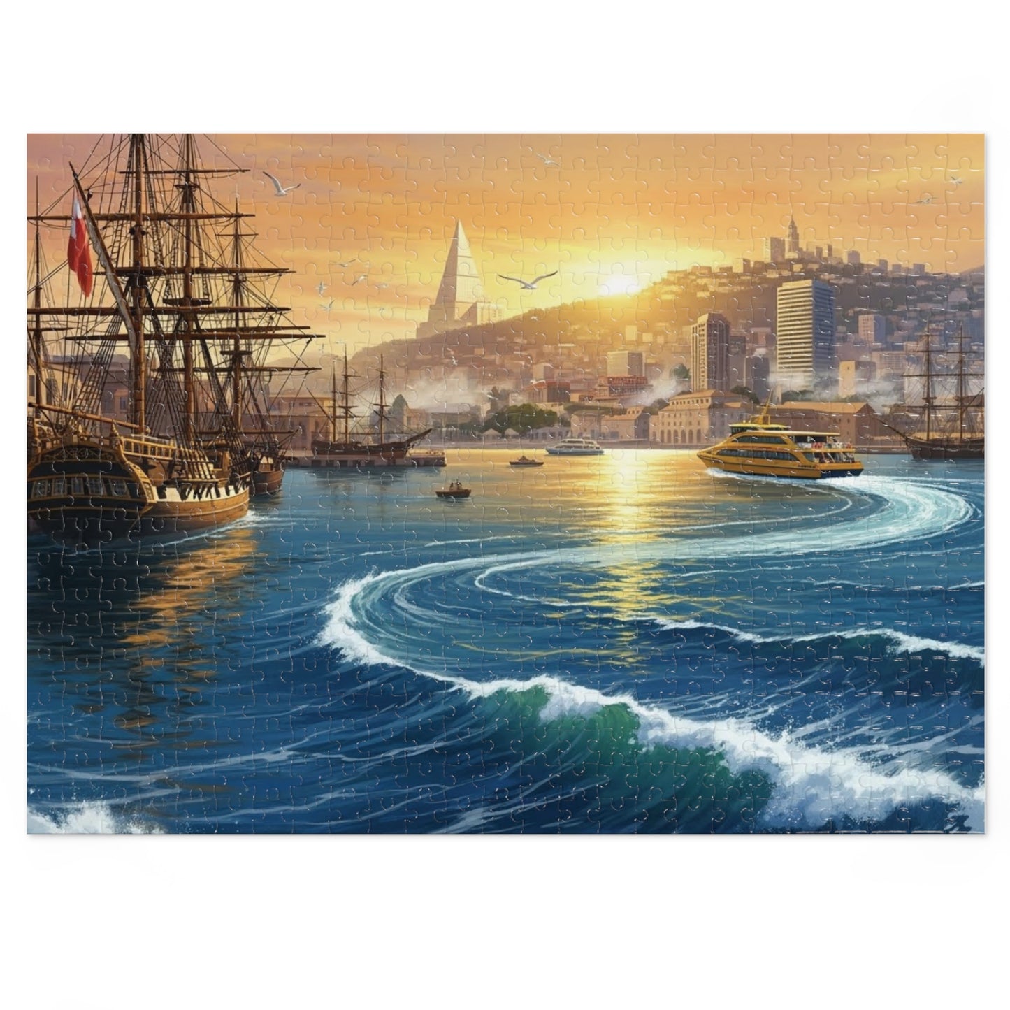 Sunset Harbor Jigsaw Puzzle |  Coastal City Sailing