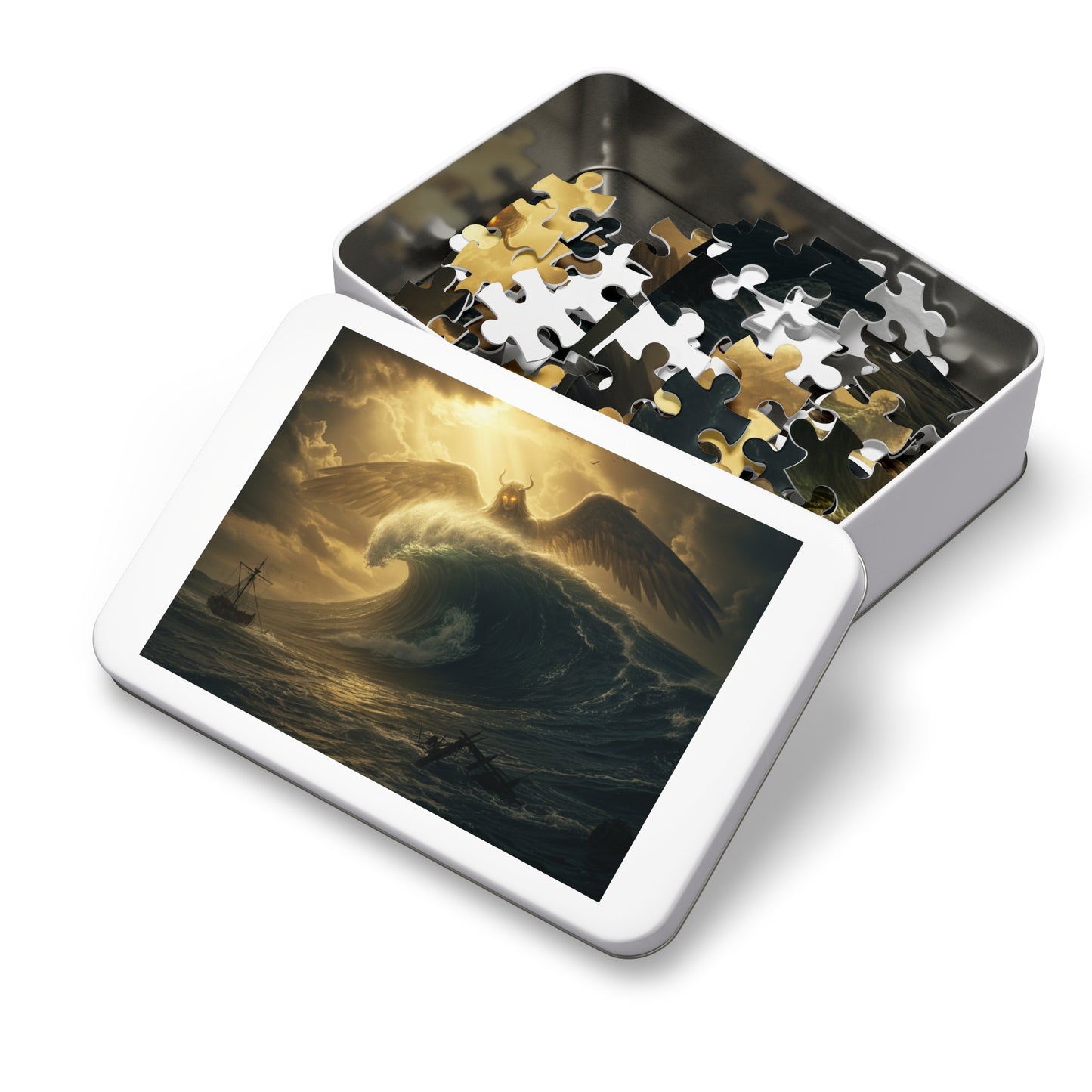 110, 252, 500, 1000, 2000 Mythic Sea Angel Rising | Stormy Ocean Wave Fantasy Art | Shipwreck & Light Beams | Surreal Winged Creature Wall Decor, Fantasy Jigsaw Puzzle with Tin