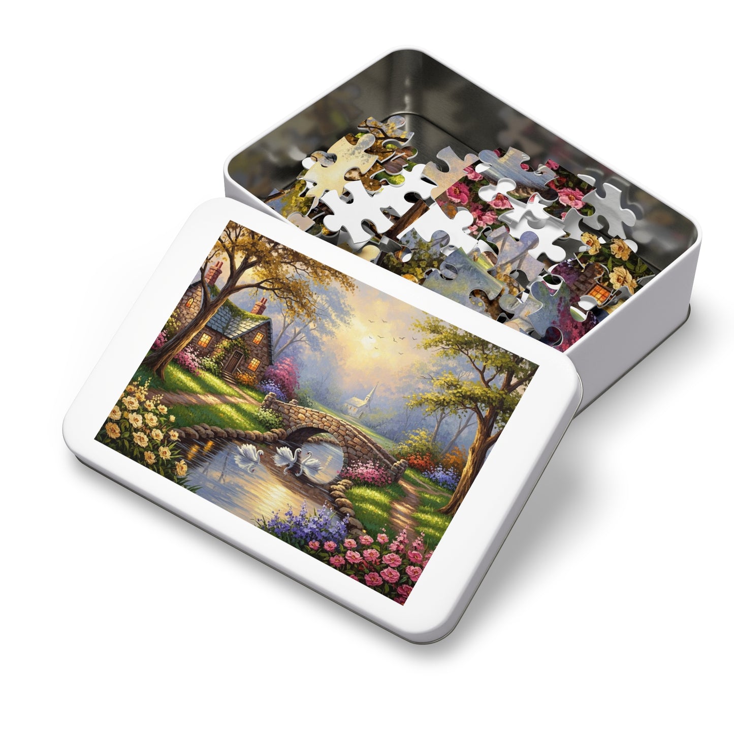 Spring Swan Bridge Cottage Puzzle | Flower Garden, Stone Bridge, Peaceful Countryside Scene