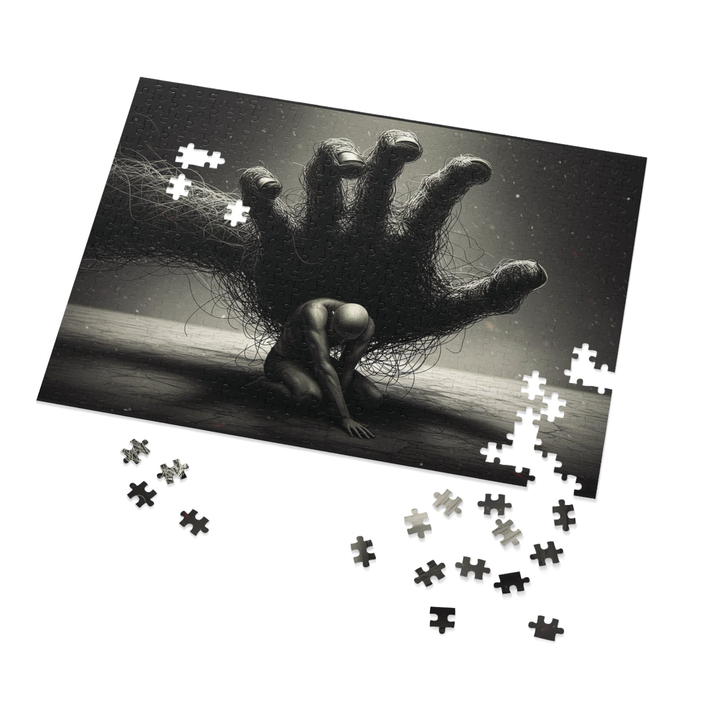 110, 252, 500, 1000, 2000 Dark Abstract Wire Hand Jigsaw Puzzle, Tangled Hand and Kneeling Figure, Oppression and Chaos Puzzle