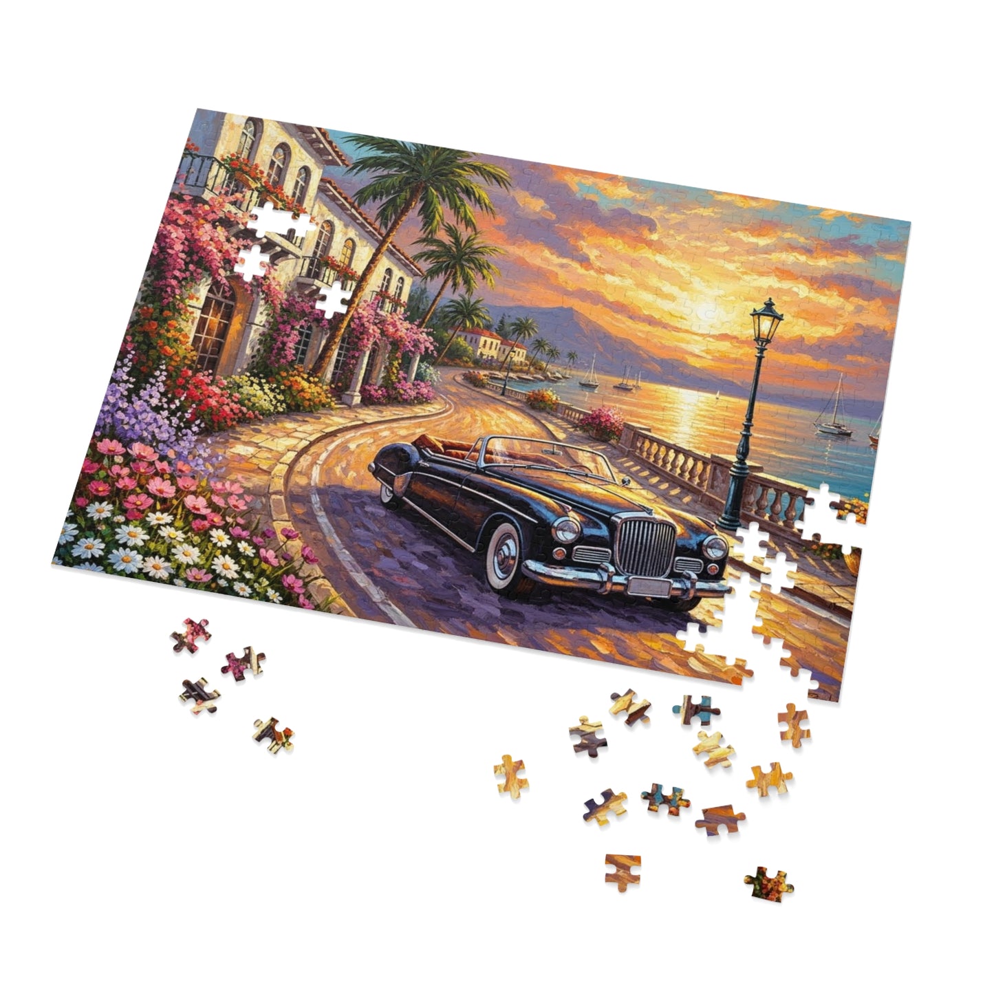 Vintage Convertible Coastal Sunset Jigsaw Puzzle