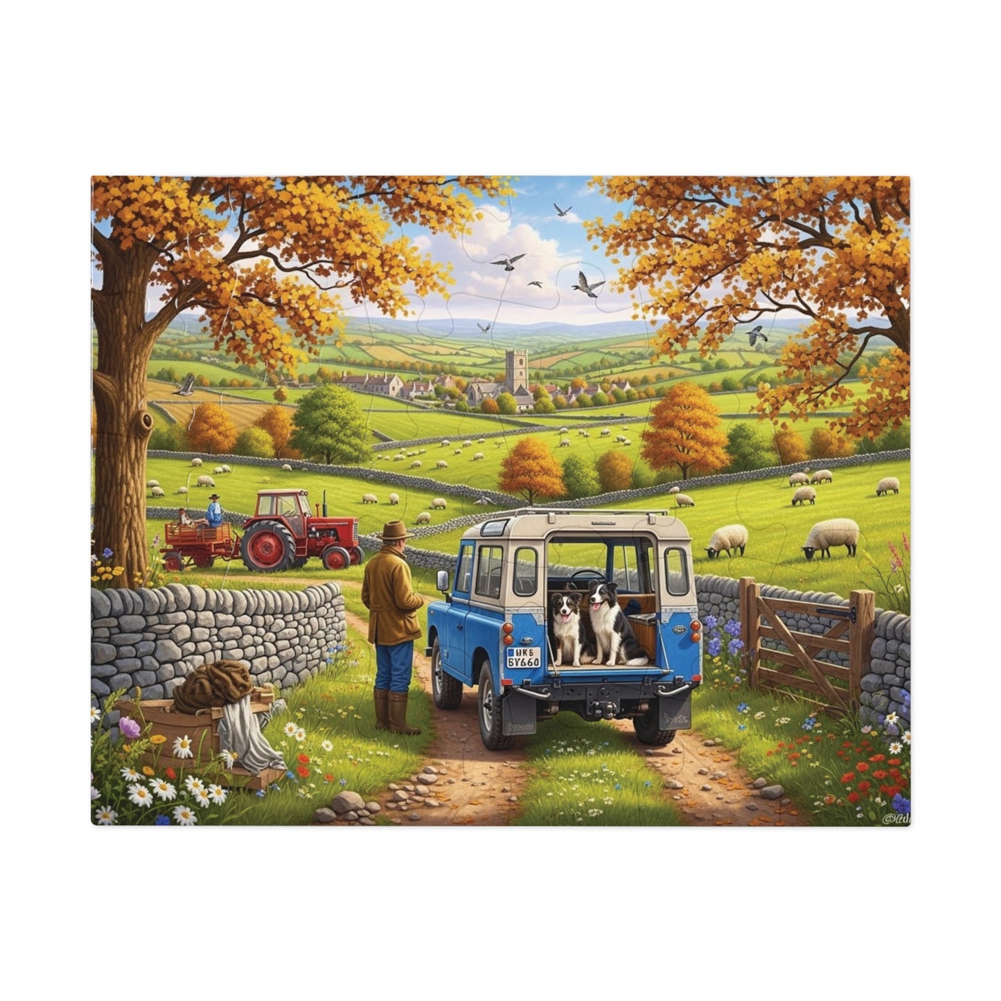 Autumn Countryside Farm Jigsaw Puzzle with Dogs, Tractor & Village