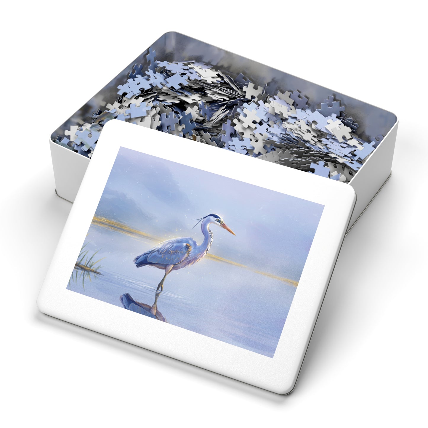 110, 252, 500, 1000, 2000 pc Heron Lake Jigsaw Puzzle, Elegant Bird Standing in Tranquil Waters, Peaceful Nature Puzzle, Tranquil Bird Puzzle