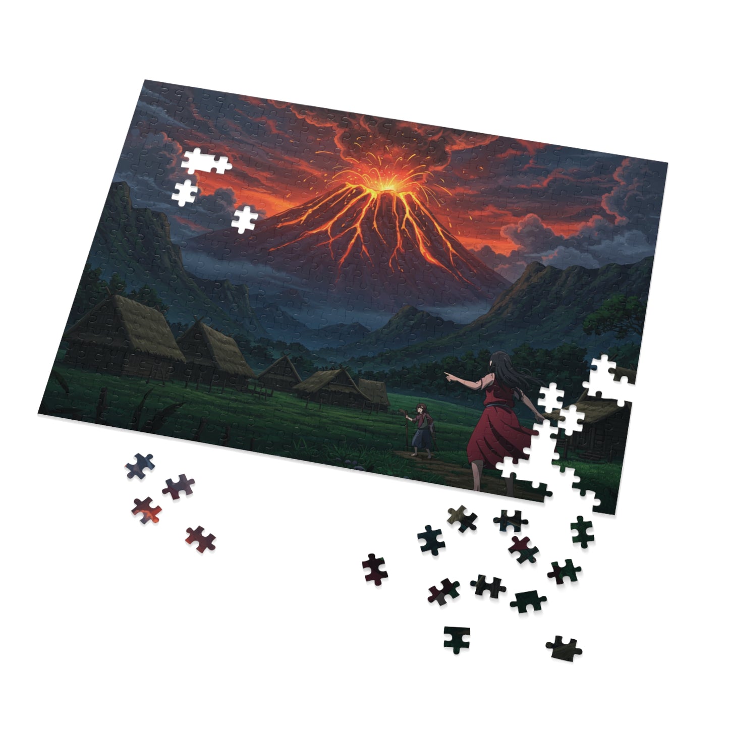 110, 252, 500, 1000 pcs Volcano Eruption Jigsaw Puzzle, Explosive Landscape Puzzle, Lava Flow and Smoke Over Mountainous Horizon