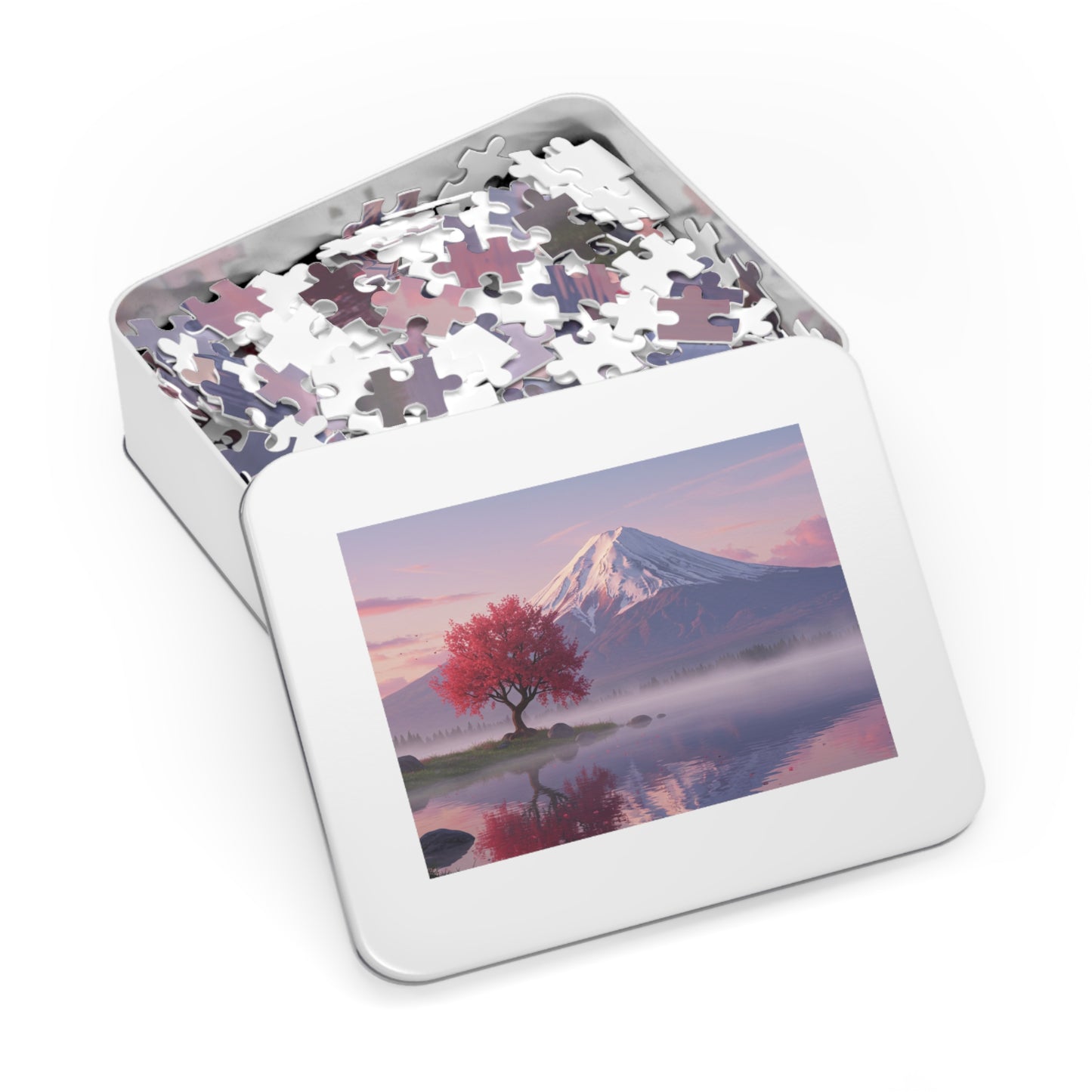 110, 252, 500, 1000, 2000 Cherry Blossom Tree by Mt. Fuji, Sakura Tree & Snowy Mountain Puzzle, Peaceful Pink Tree & Misty Lake Puzzle, Mount Fuji at Sunrise Puzzle, Calm Mountain Morning Puzzle