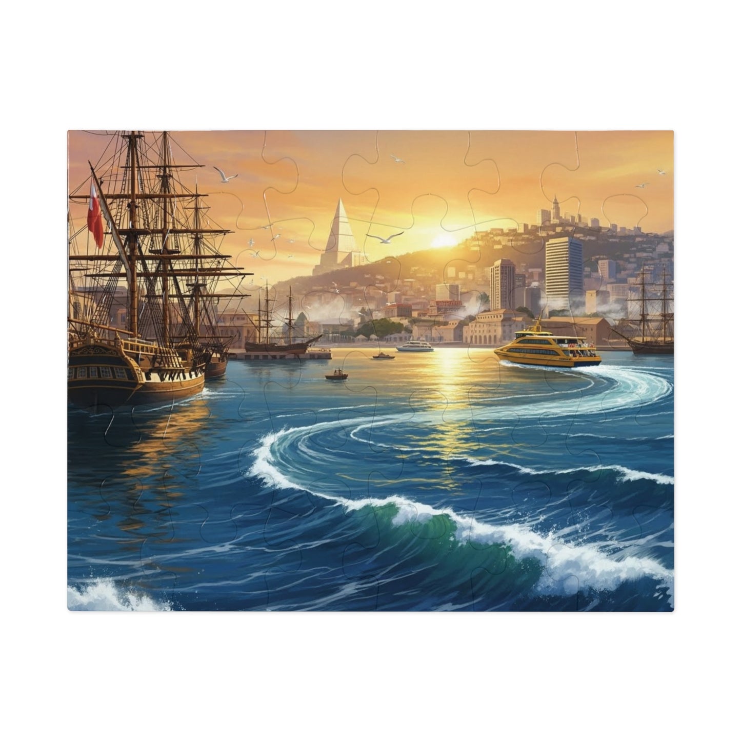 Sunset Harbor Jigsaw Puzzle |  Coastal City Sailing