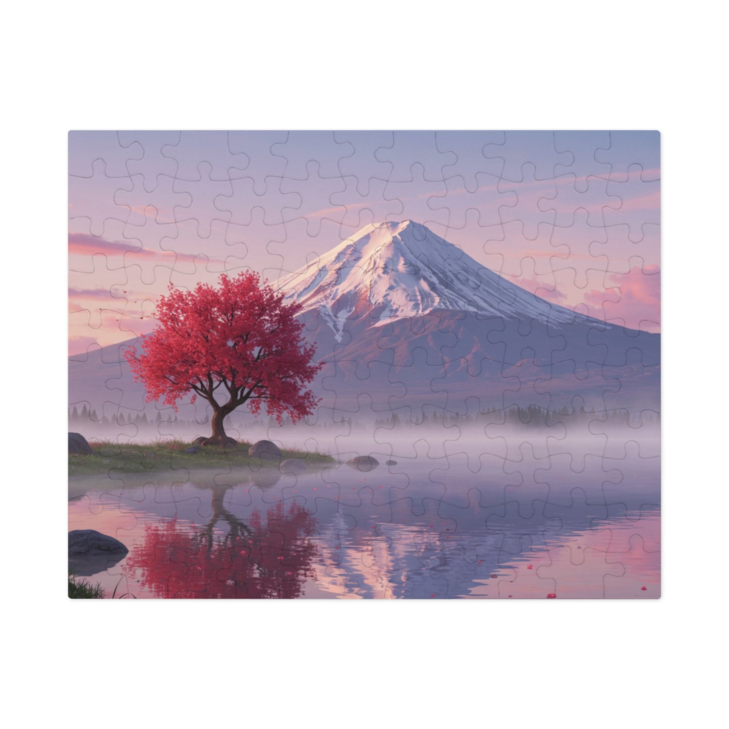 110, 252, 500, 1000, 2000 Cherry Blossom Tree by Mt. Fuji, Sakura Tree & Snowy Mountain Puzzle, Peaceful Pink Tree & Misty Lake Puzzle, Mount Fuji at Sunrise Puzzle, Calm Mountain Morning Puzzle