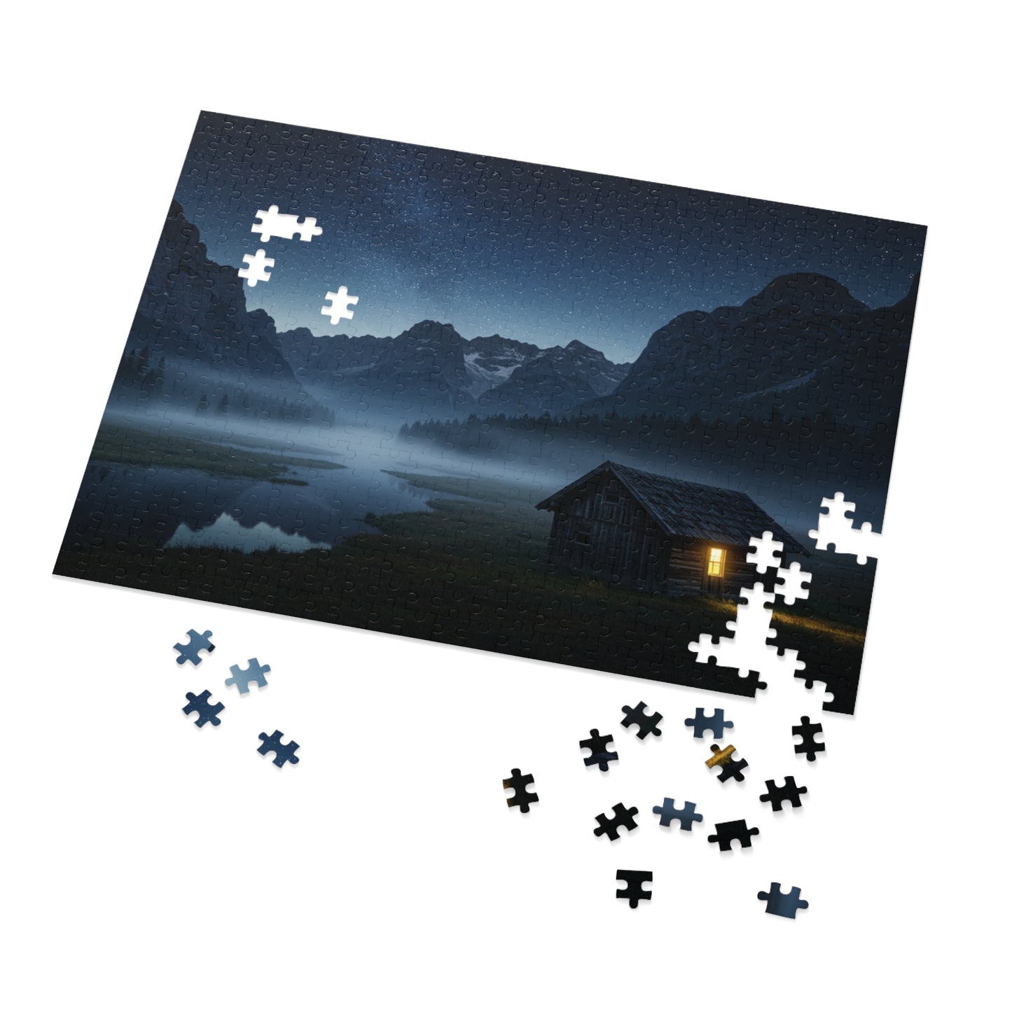 110, 252, 500, 1000, 2000 Starry Night Cabin Puzzle, Tranquil Nightscape Puzzle, Nighttime Cabin Under Stars, Twilight Mountains and Lit Cabin, Foggy Valley and Star-Filled Sky, Wilderness Cabin Puzzle