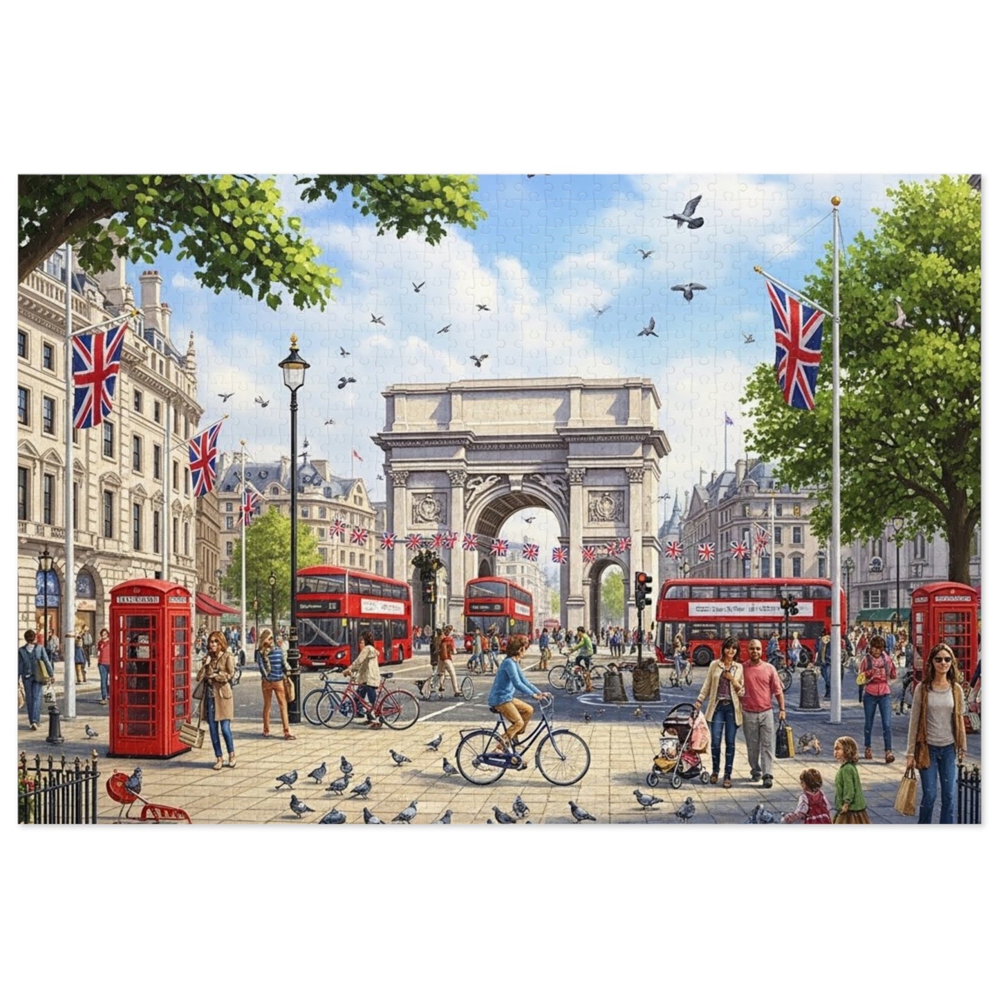 Historic London Arch Jigsaw Puzzle with Red Buses Cyclists and Crowds