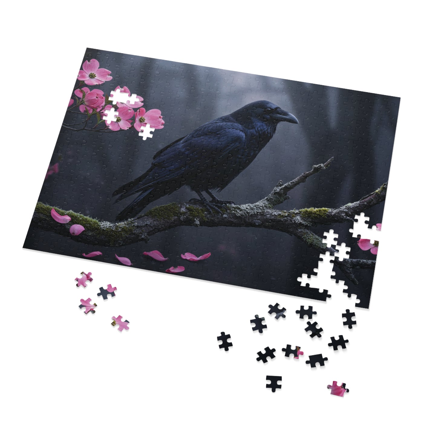 110, 252, 500, 1000, 2000 Black Bird in Spring Forest | Dark Raven with Pink Blossoms | Nature-Inspired Raven & Bloom Puzzle |Mystical Raven Jigsaw Puzzle with Tin | Gothic Raven & Cherry Blossom Puzzle