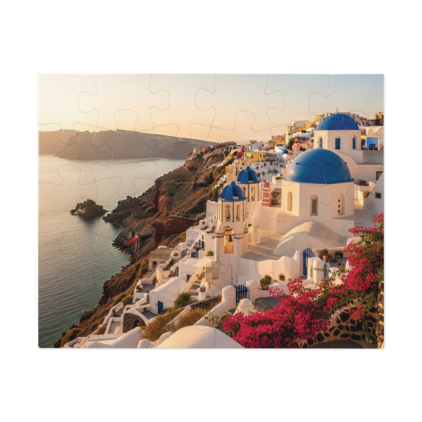 Santorini Sunset Cliffside Jigsaw Puzzle ☀️ Blue Domes Over the Aegean Sea