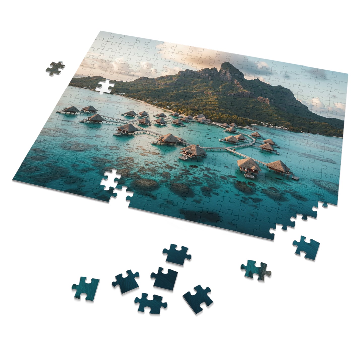 110, 252, 500, 1000, 2000 pcs Tropical Island Jigsaw Puzzle, Scenic Paradise Puzzle, Exotic Vacation Puzzle, Breathtaking Tropical Bay with Overwater Retreats