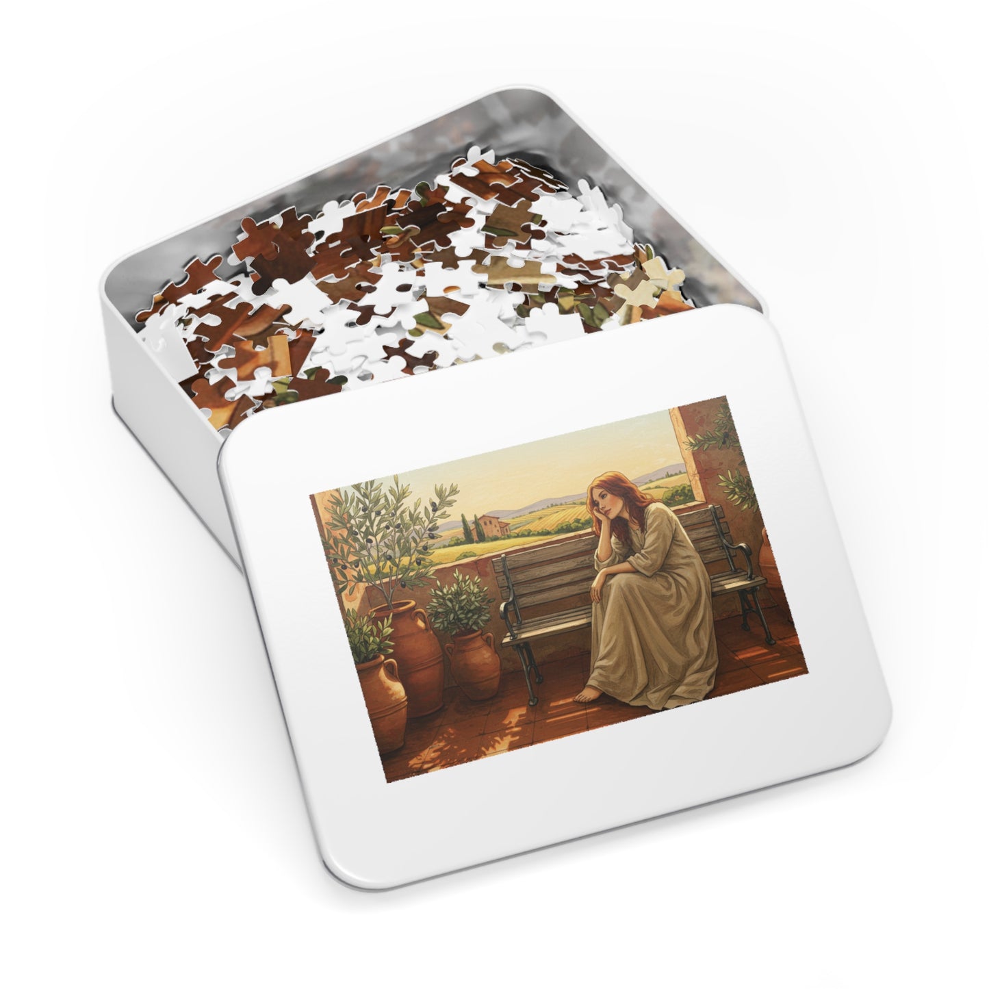 110, 252, 500, 1000, 2000 pcs Rustic Countryside Jigsaw Puzzle, Woman on Bench with Olive Trees, Mediterranean Landscape Puzzle