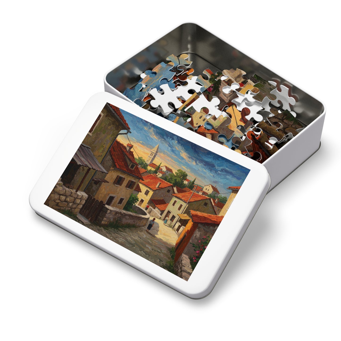 110, 252, 500, 1000, 2000 Mediterranean Village Jigsaw Puzzle Jigsaw Puzzle, Rustic European Village, Old World Architecture and Warm Colors