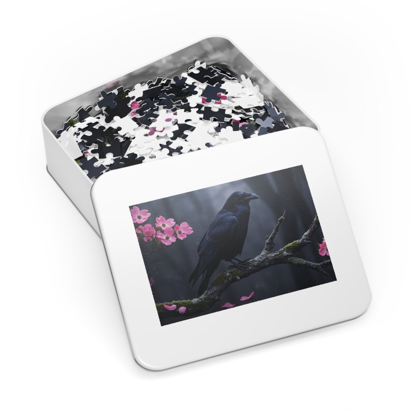 110, 252, 500, 1000, 2000 Black Bird in Spring Forest | Dark Raven with Pink Blossoms | Nature-Inspired Raven & Bloom Puzzle |Mystical Raven Jigsaw Puzzle with Tin | Gothic Raven & Cherry Blossom Puzzle