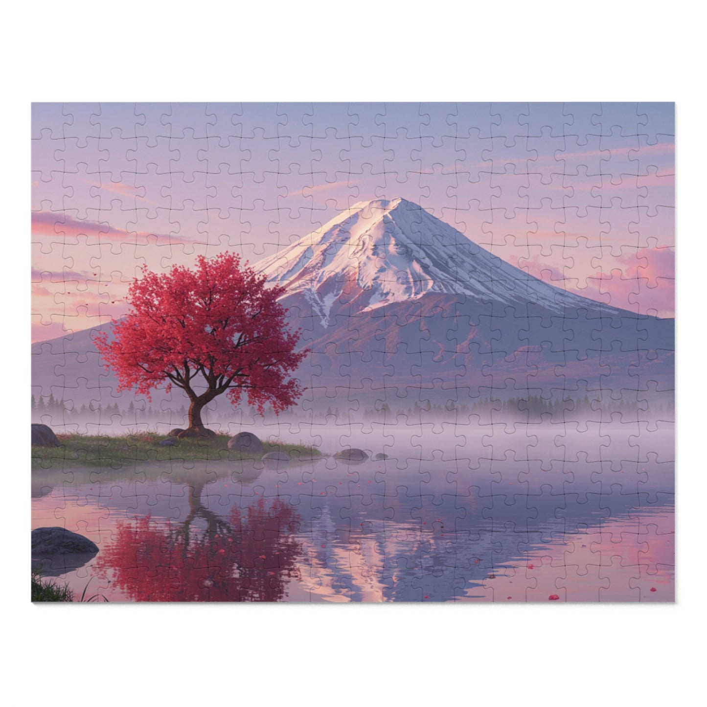 110, 252, 500, 1000, 2000 Cherry Blossom Tree by Mt. Fuji, Sakura Tree & Snowy Mountain Puzzle, Peaceful Pink Tree & Misty Lake Puzzle, Mount Fuji at Sunrise Puzzle, Calm Mountain Morning Puzzle