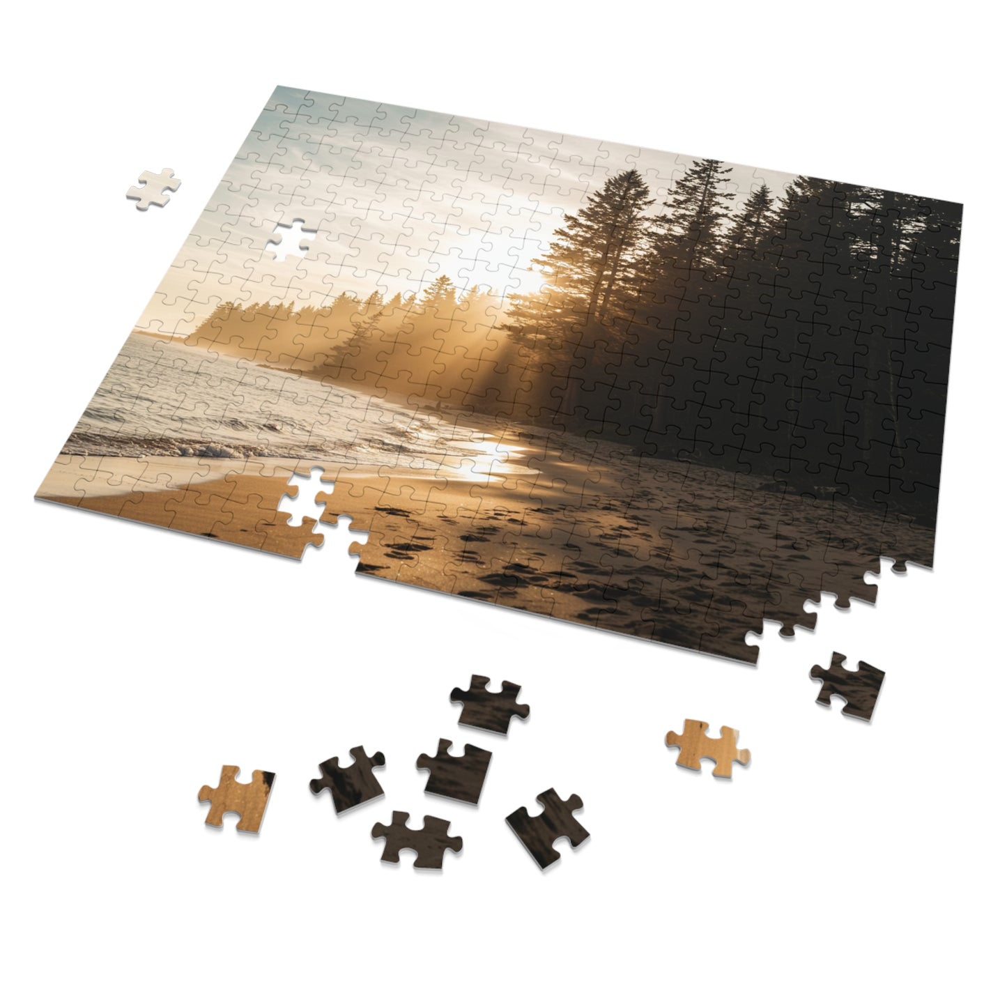Forest Beach Sunset Jigsaw Puzzle (252–2000 pcs),  Warm Sunset, Trees & Sand Path, Forest Coastline and Sunbeams, Premium Tin Gift,  Footprints in Sand