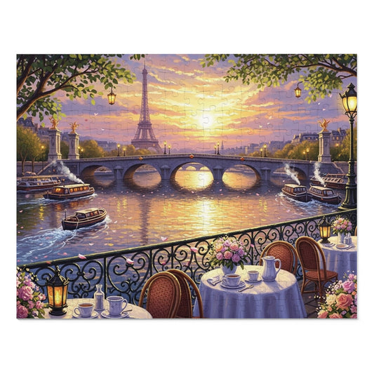 Eiffel Tower Sunset Over the Seine Puzzle | Paris Café Terrace Artwork