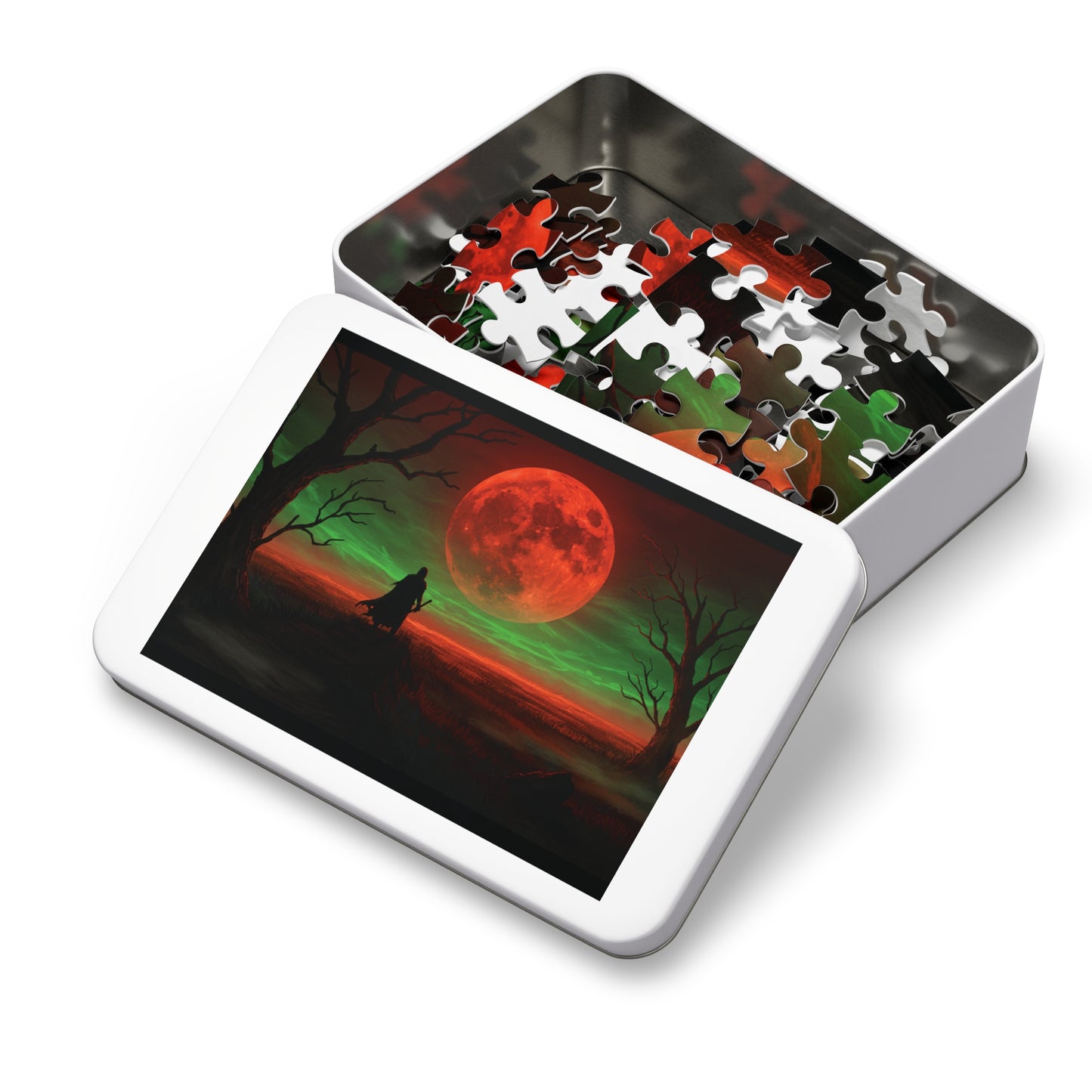 110, 252, 500, 1000, 2000 Mystical Red Moon Jigsaw Puzzle, Blood Moon Warrior Puzzle, Apocalyptic Red Moon Puzzle, Shadow Path Puzzle, Dark Fantasy Puzzle, Crimson Sky Puzzle