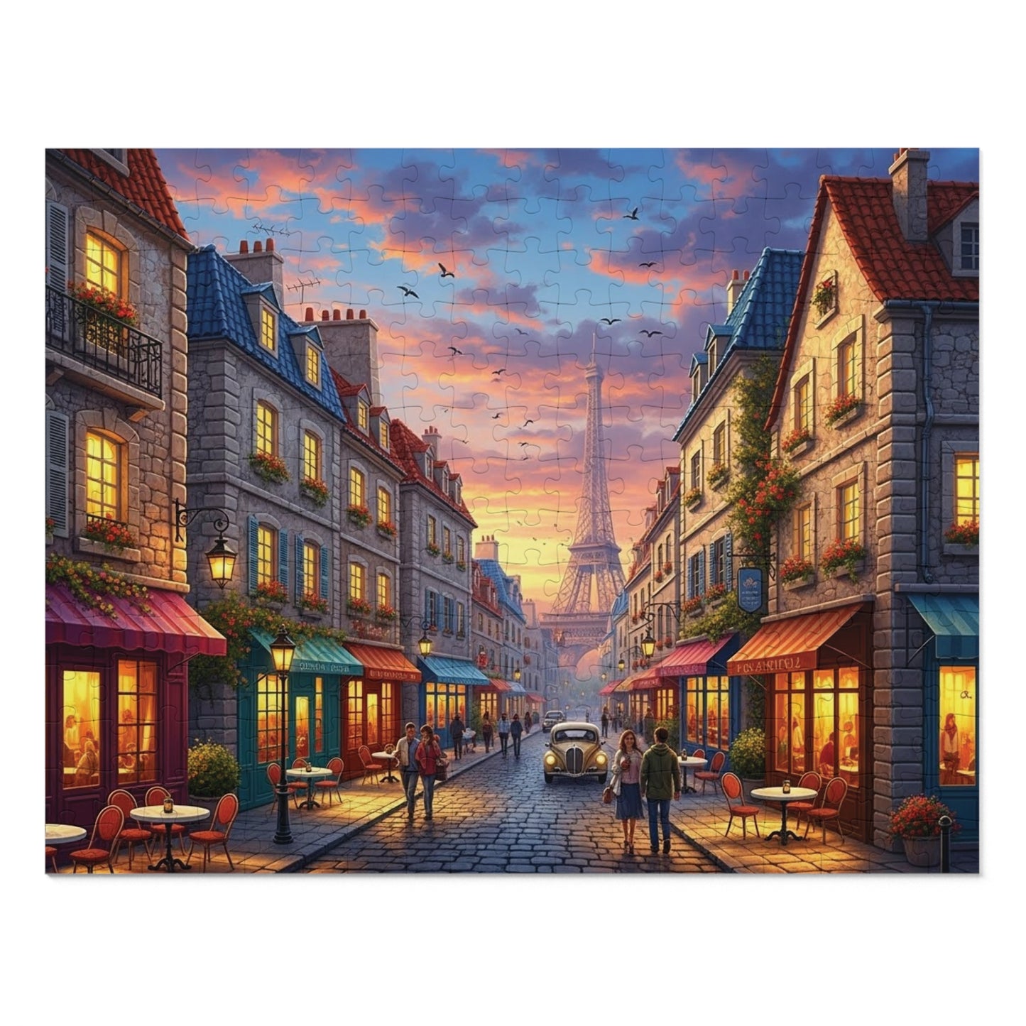 Paris Sunset Café Street Jigsaw Puzzle with Eiffel Tower